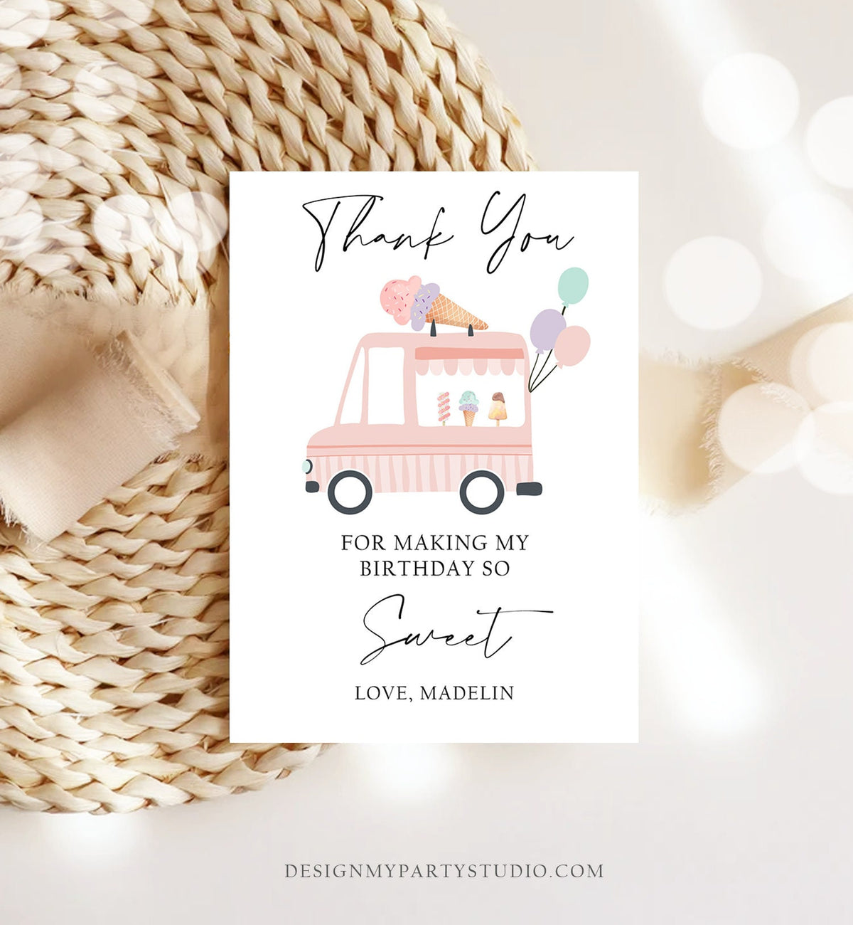 Editable Ice Cream Truck Thank You Card Ice Cream Birthday Thank You Note Girl Birthday Summer Digital Download Template Printable 0415