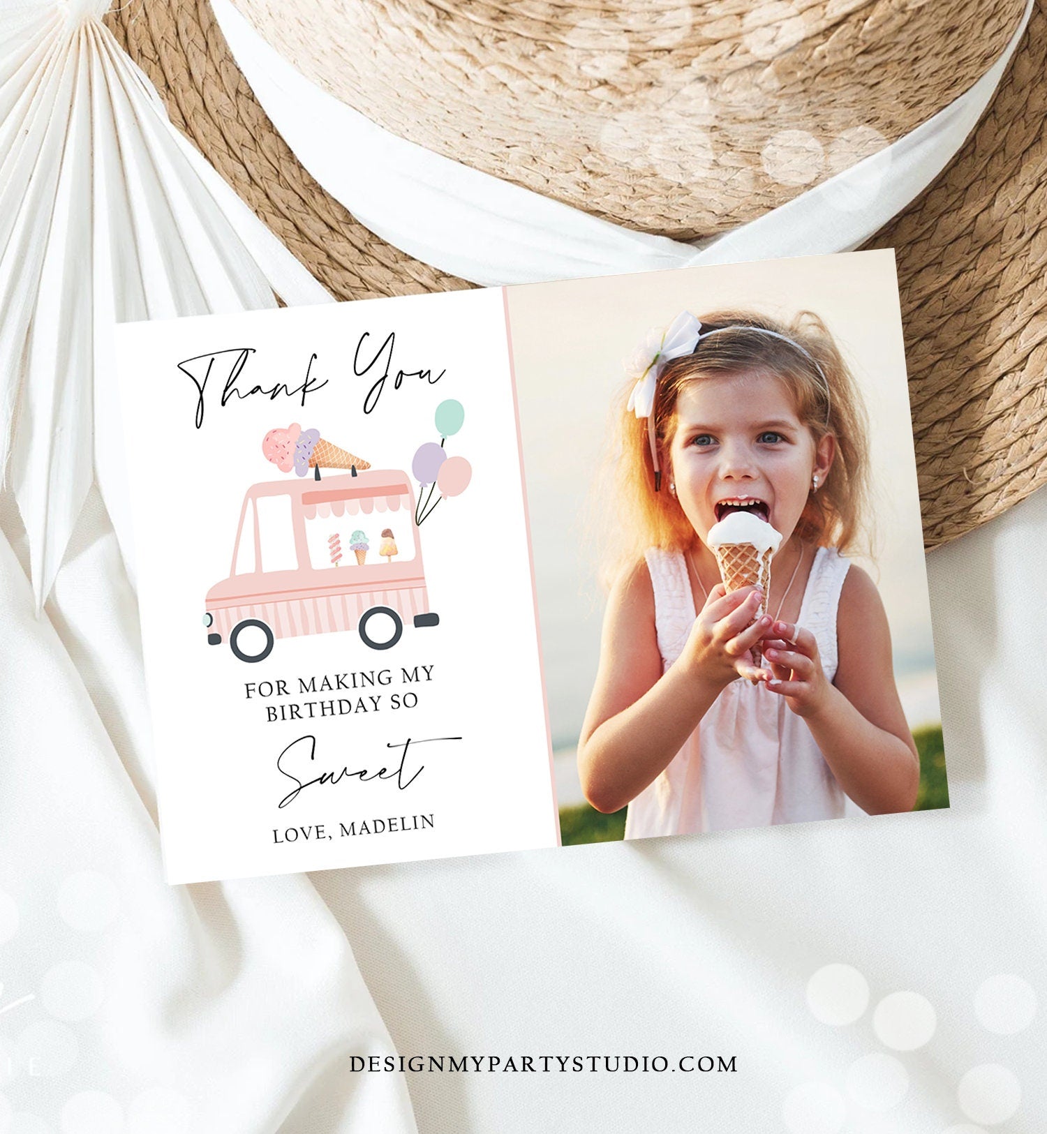 Editable Ice Cream Truck Thank You Card Ice Cream Birthday Thank you Note Girl Birthday Summer Download Printable Template Corjl 0415