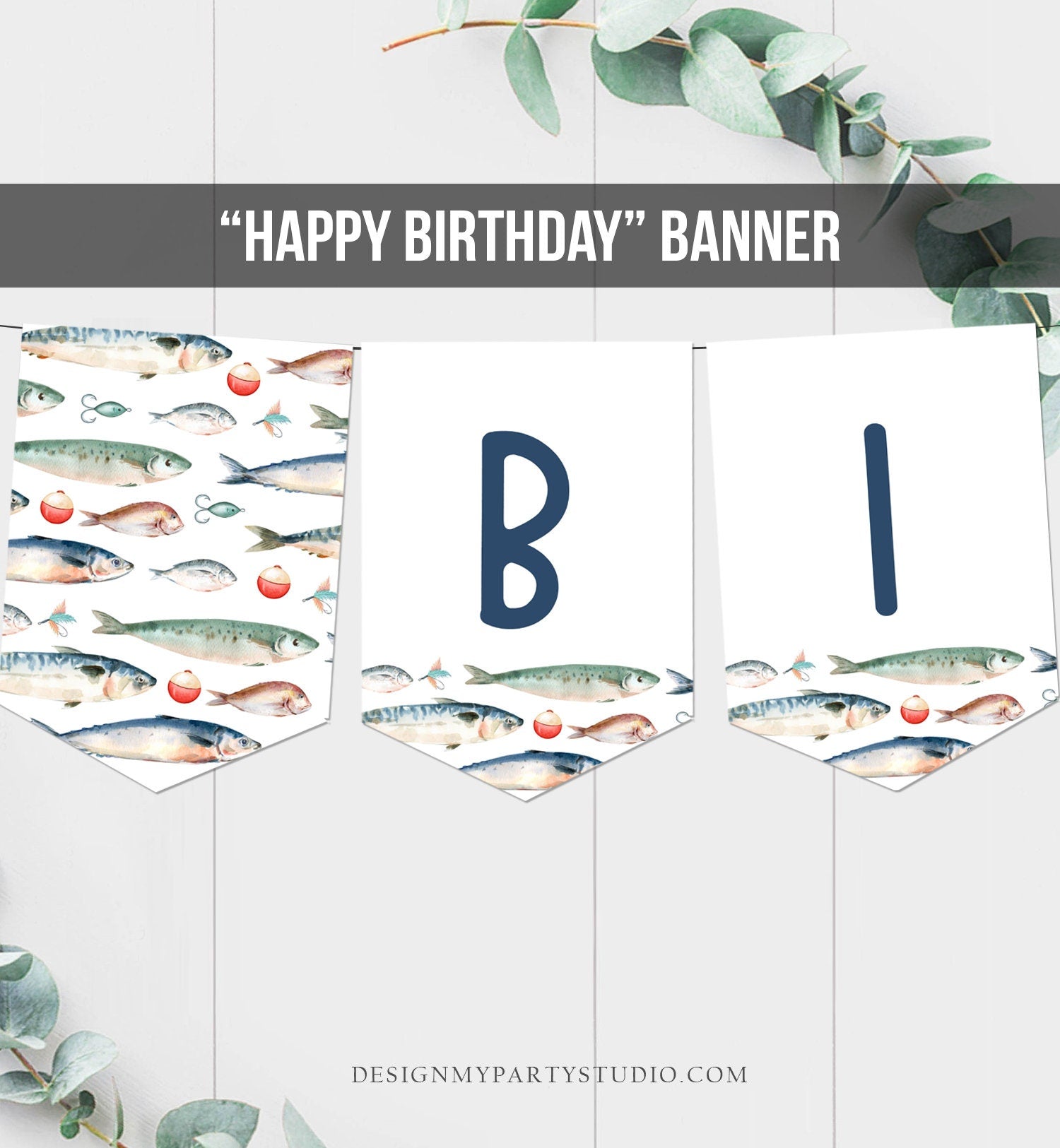 Happy Birthday Banner Fishing Birthday Banner Boy Birthday Decorations Ofishally The Big One Instant download PRINTABLE DIGITAL DIY 0454