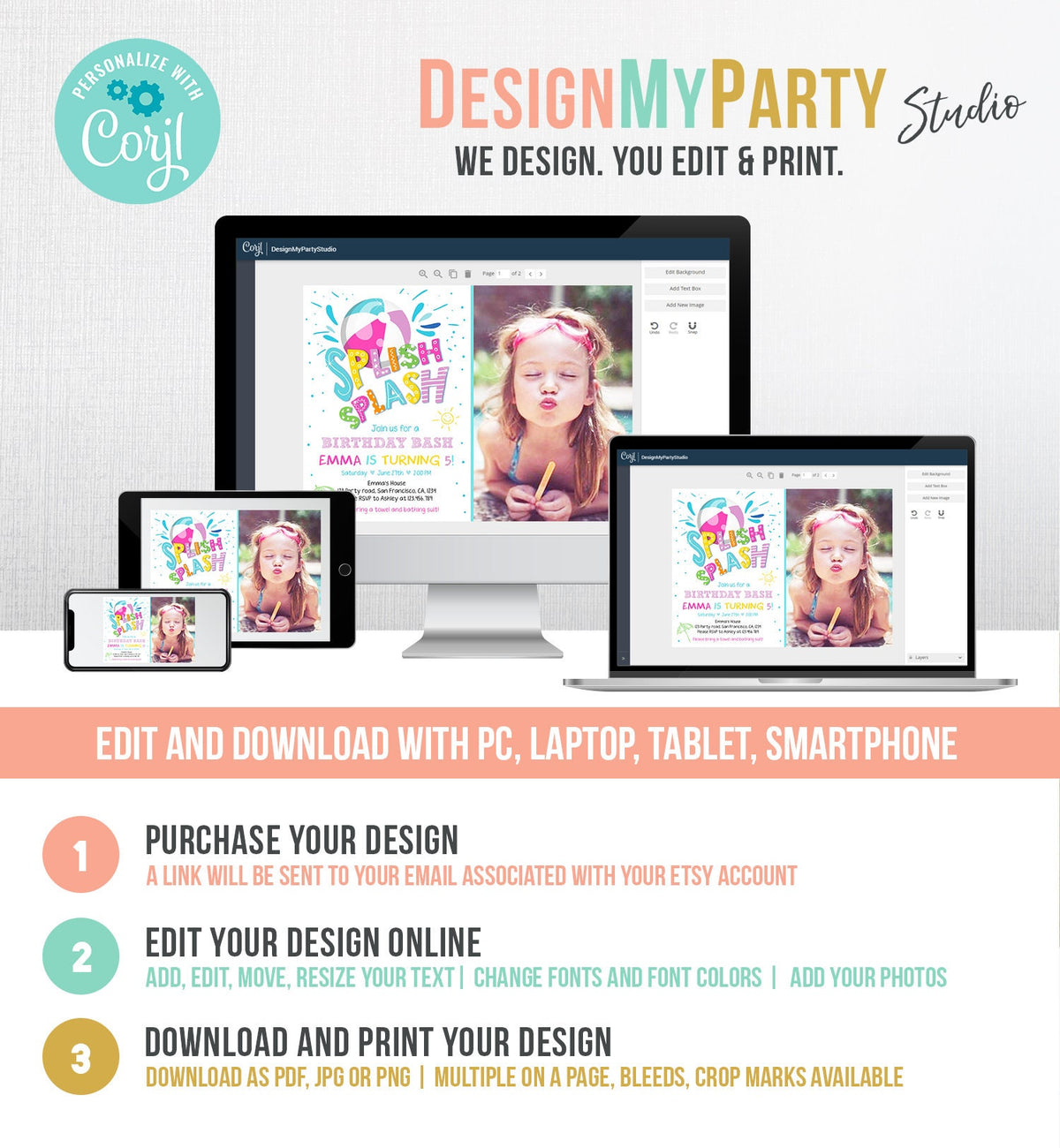 Editable Splish Splash Birthday Invitation Pool Party Beach Ball Pink Girl Birthday Bash Download Printable Invite Template Corjl 0169