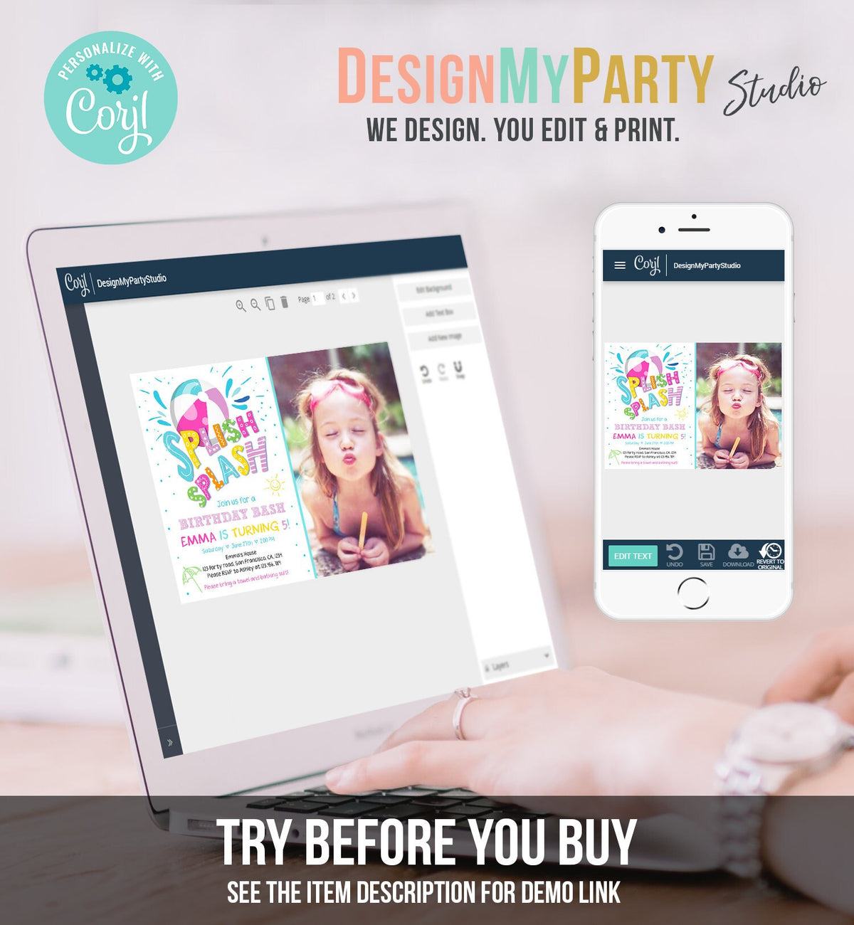 Editable Splish Splash Birthday Invitation Pool Party Beach Ball Pink Girl Birthday Bash Download Printable Invite Template Corjl 0169