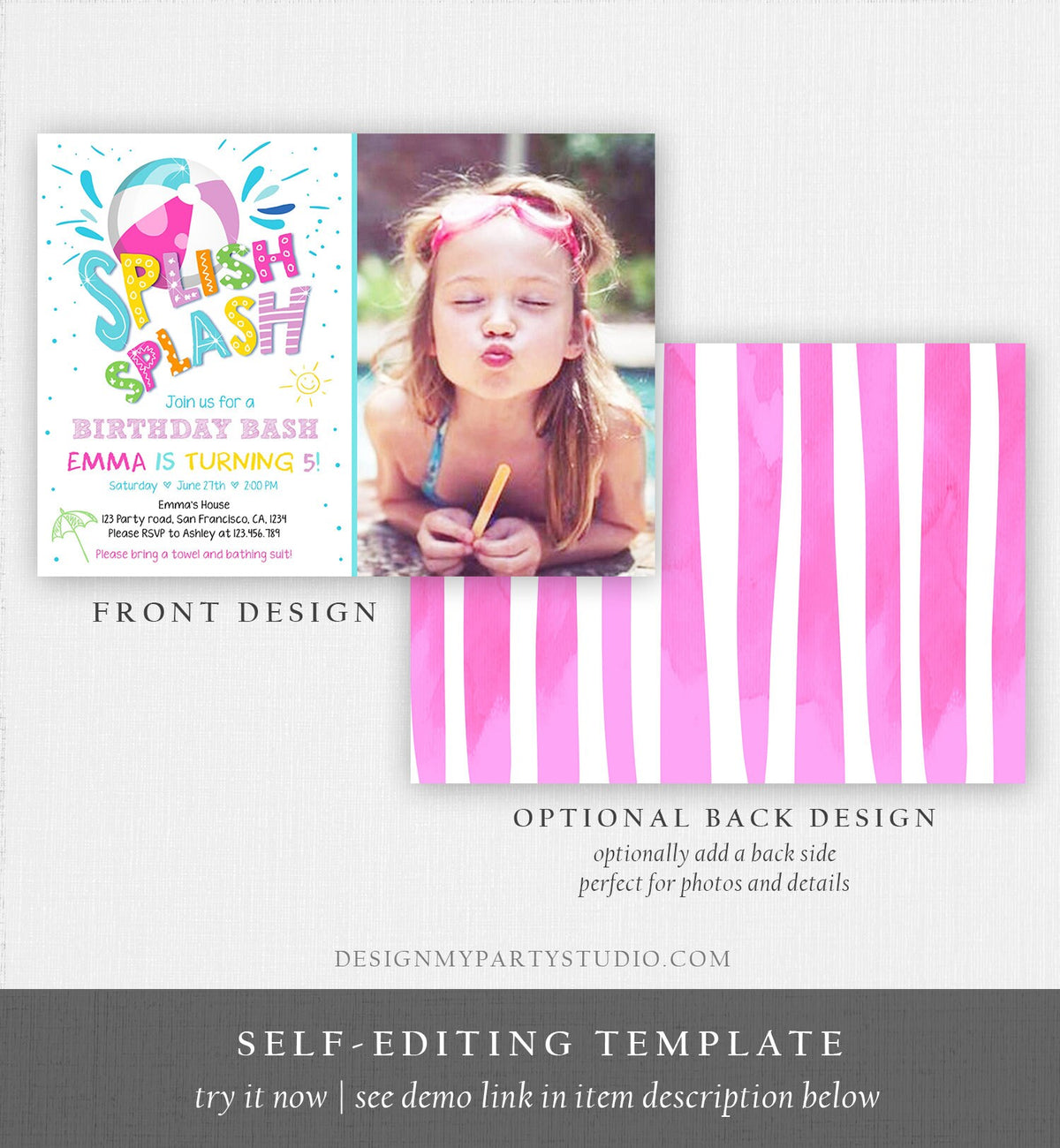 Editable Splish Splash Birthday Invitation Pool Party Beach Ball Pink Girl Birthday Bash Download Printable Invite Template Corjl 0169