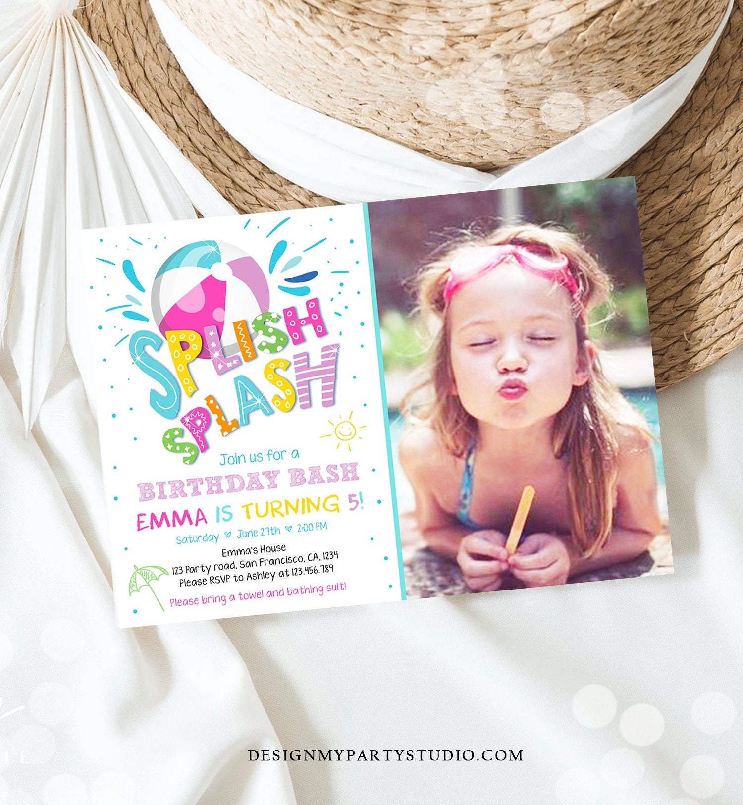 Editable Splish Splash Birthday Invitation Pool Party Beach Ball Pink Girl Birthday Bash Download Printable Invite Template Corjl 0169