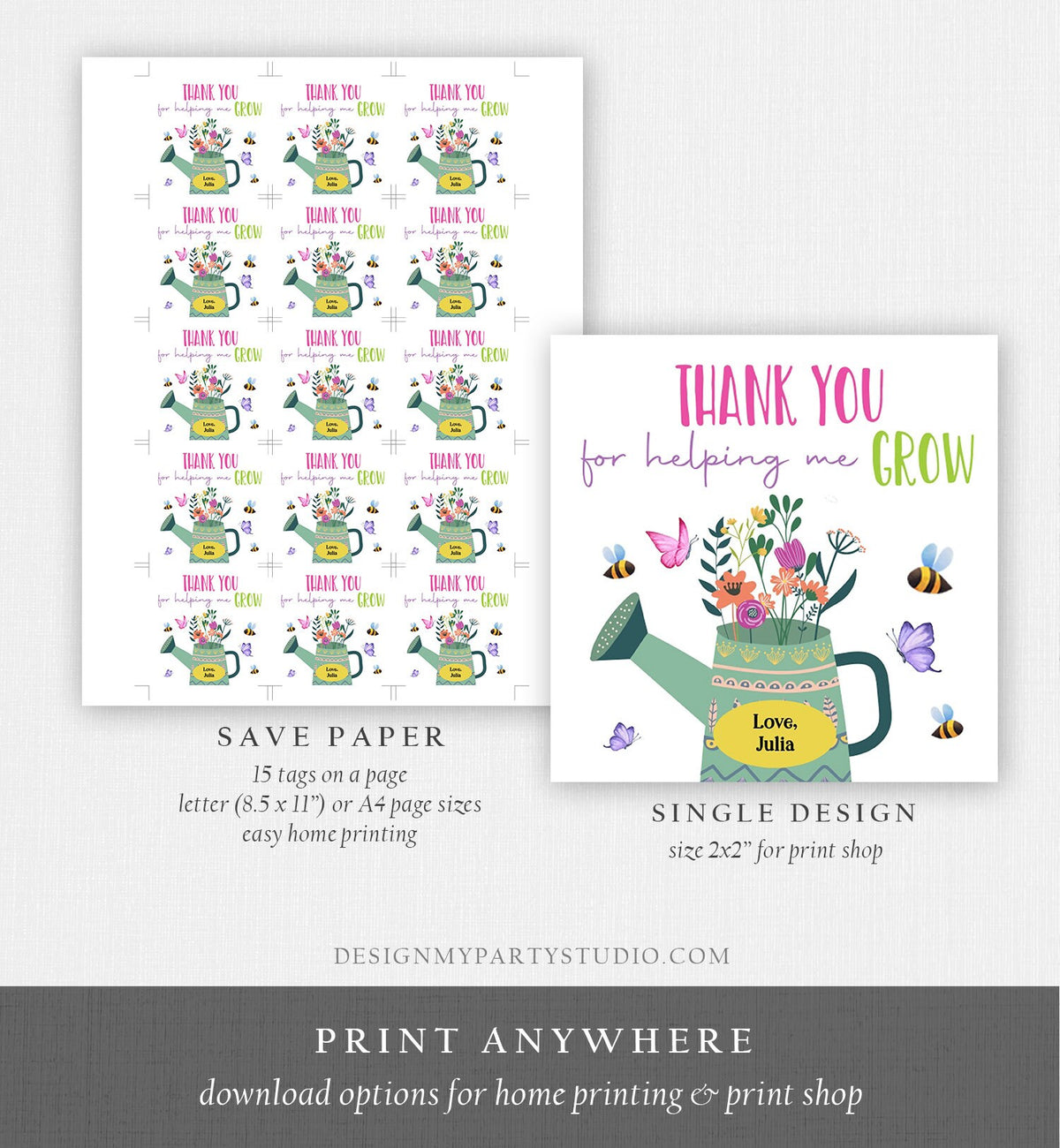 Editable Teacher Appreciation Tags Thank You for Helping me Grow Succulent Thank You Cactus Plant Tag Digital Template Printable 0464
