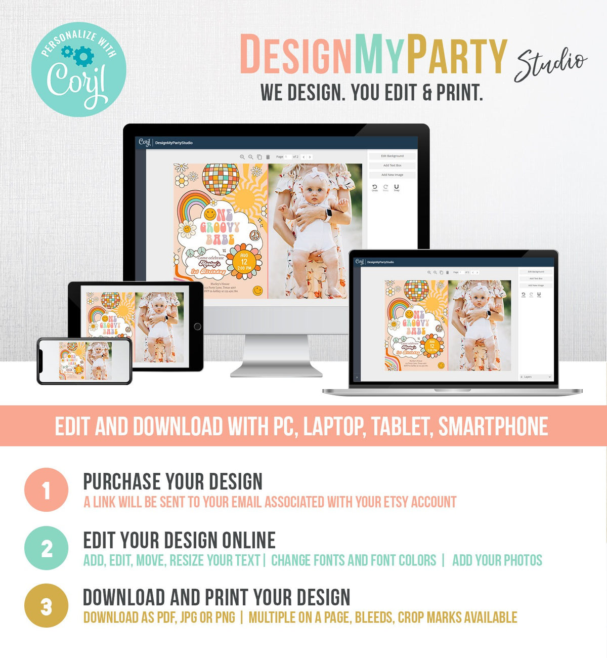 Editable Groovy One Retro 1st Birthday Invitation First Birthday One Groovy Babe Invite Peace Love Download Template Corjl Digital 0459