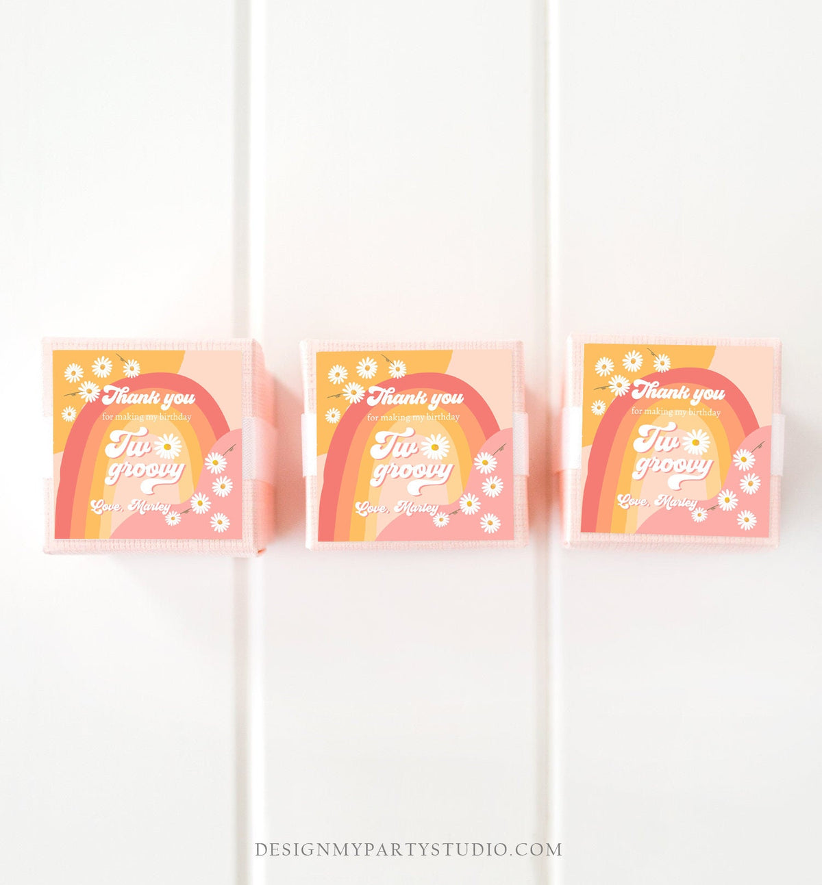 Editable Two Groovy Favor Tags Retro Daisy Birthday Thank You Sticker Festival Gift Pink 70s Floral Hippie Digital Template Printable 0428