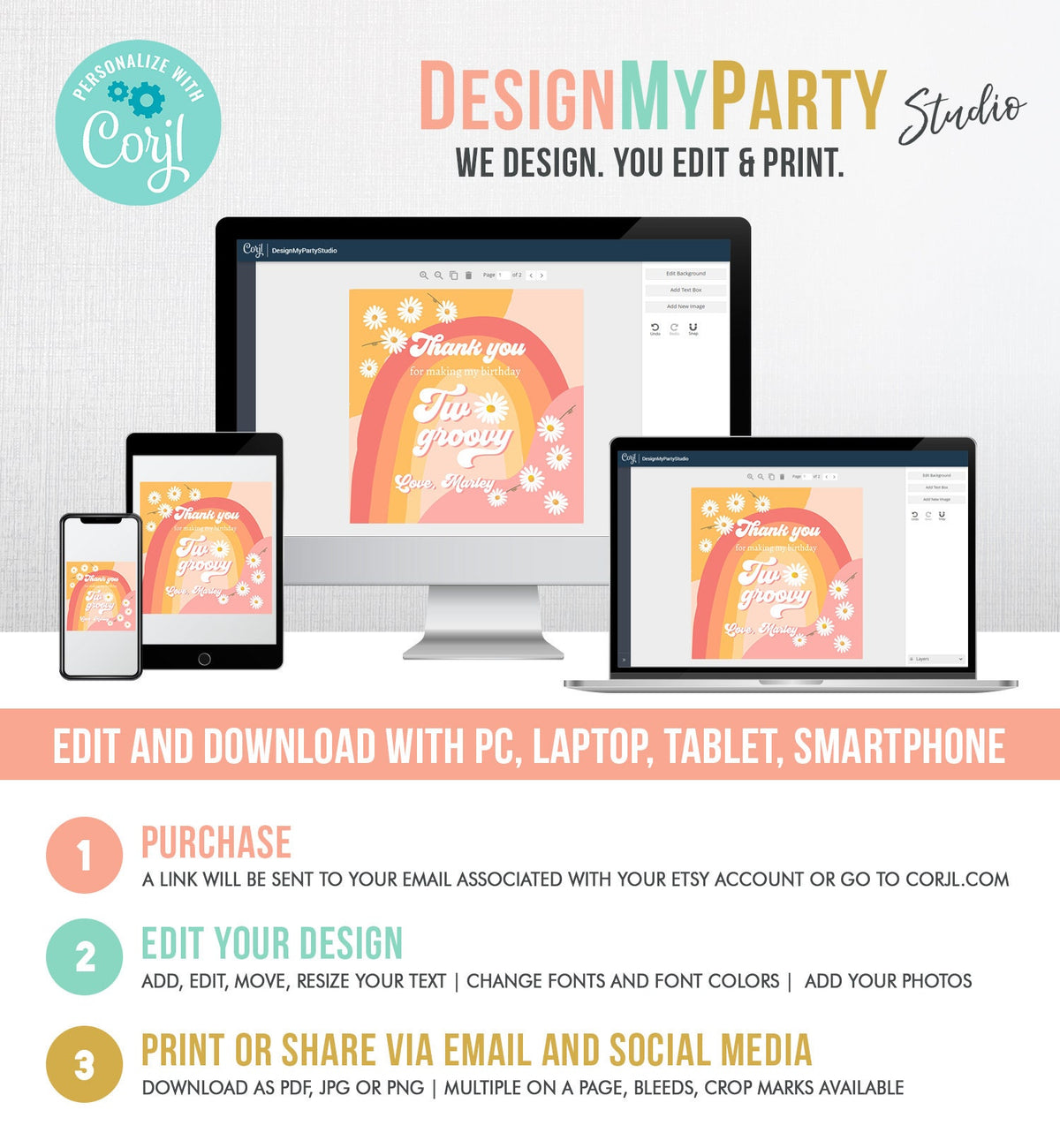 Editable Two Groovy Favor Tags Retro Daisy Birthday Thank You Sticker Festival Gift Pink 70s Floral Hippie Digital Template Printable 0428