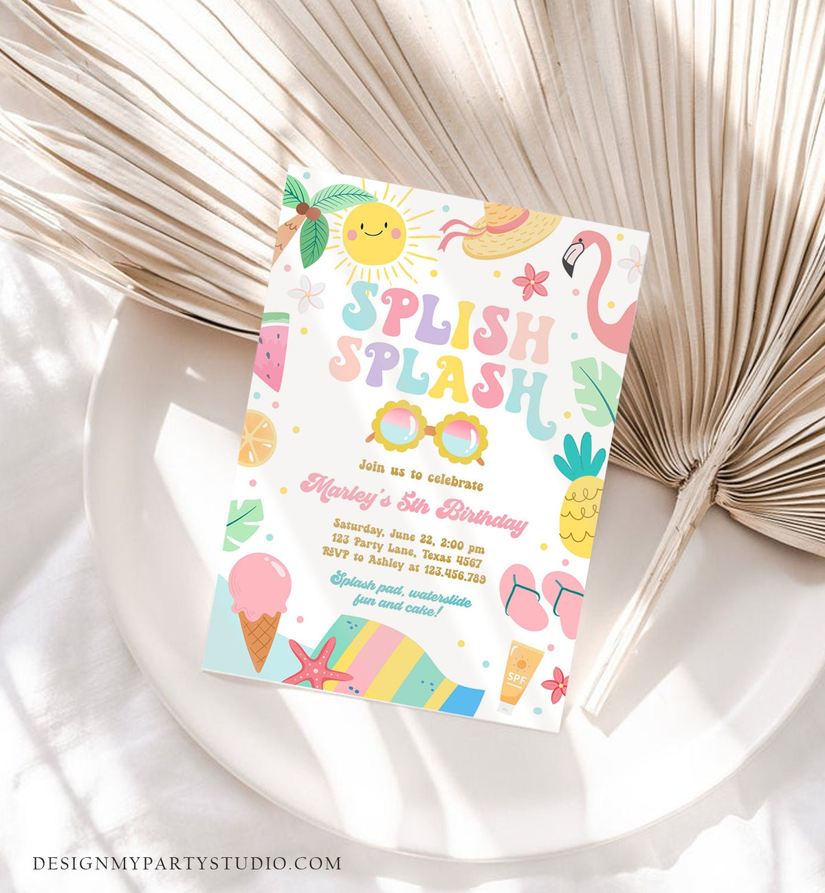Editable Splish Splash Birthday Invitation Pool Party Girl Summer Waterslide Water Party Pink Download Printable Invite Template Evite 0465