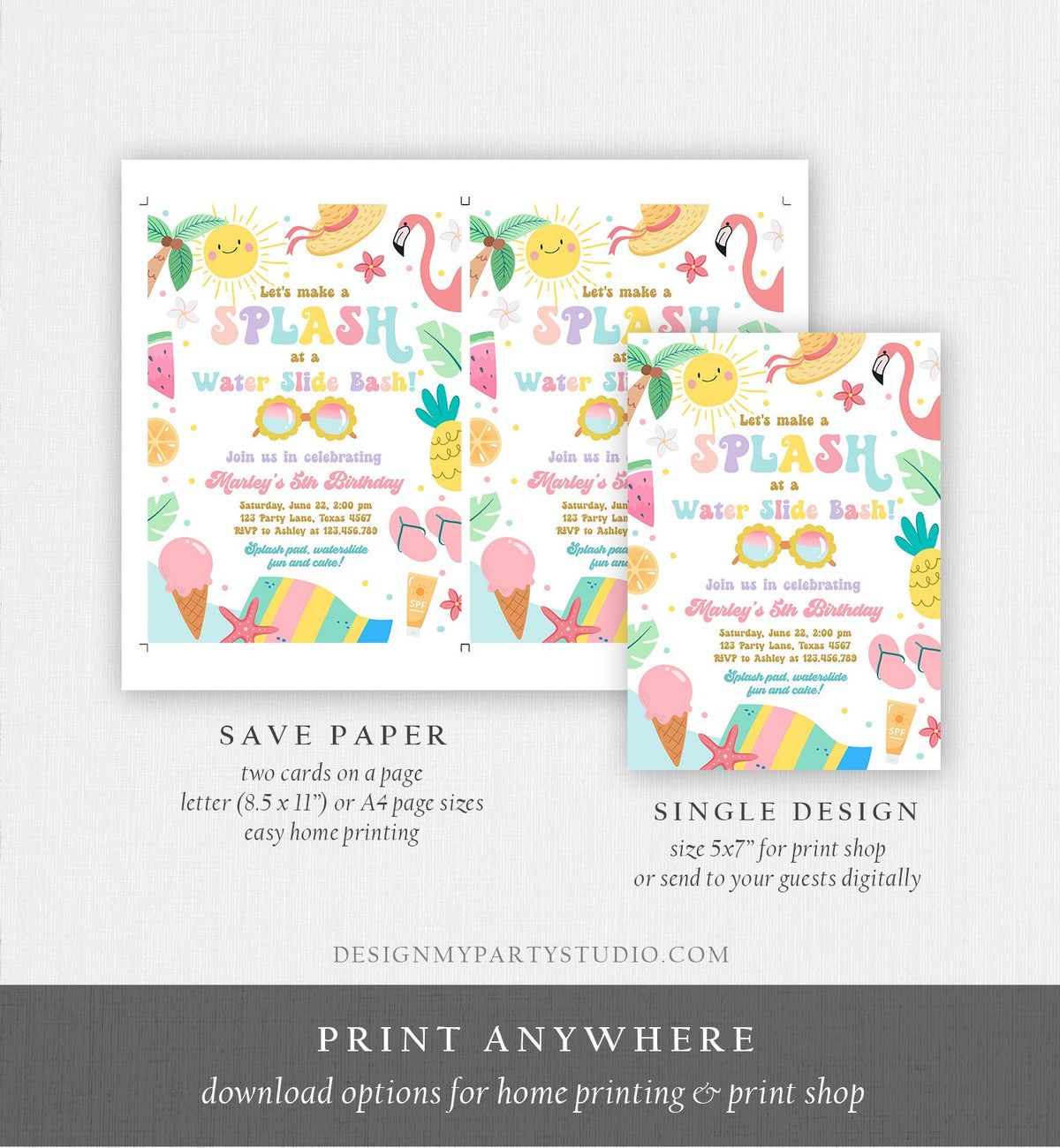 Editable Splish Splash Birthday Invitation Pool Party Girl Summer Waterslide Water Party Pink Digital Download Template Printable 0465