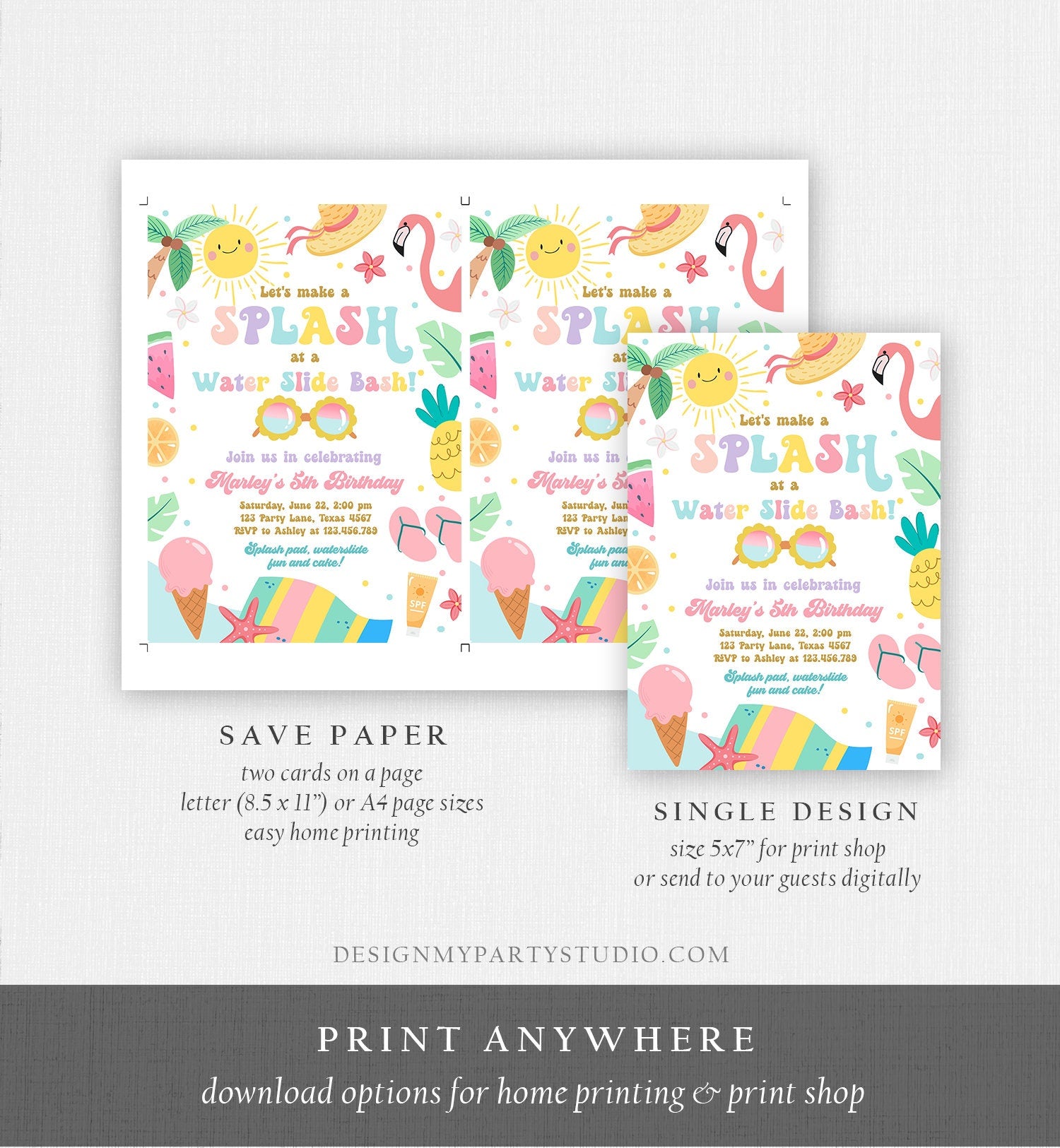 Editable Splish Splash Birthday Invitation Pool Party Girl Summer Waterslide Water Party Pink Digital Download Template Printable 0465