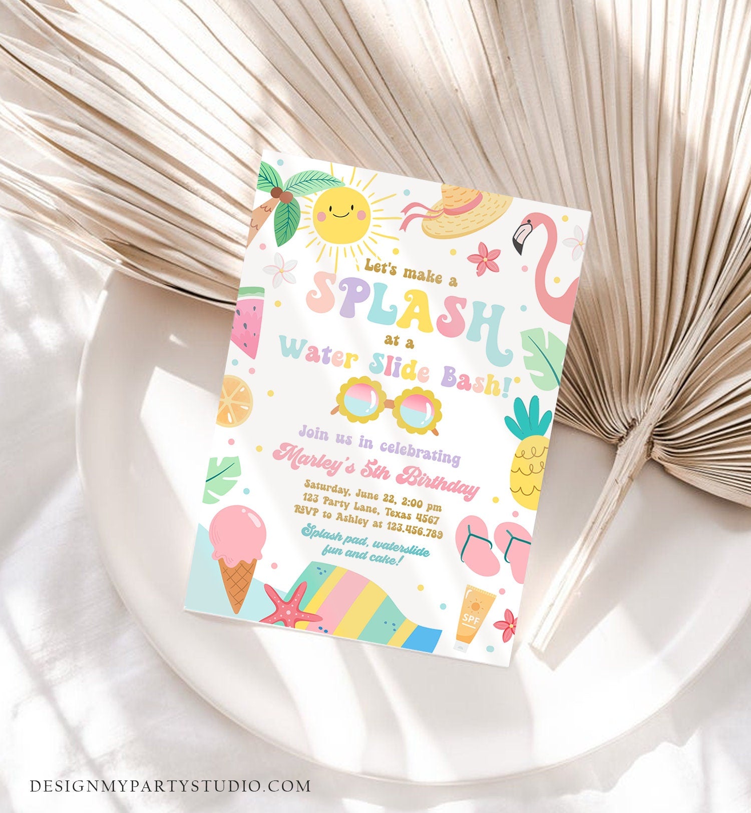 Editable Splish Splash Birthday Invitation Pool Party Girl Summer Waterslide Water Party Pink Digital Download Template Printable 0465