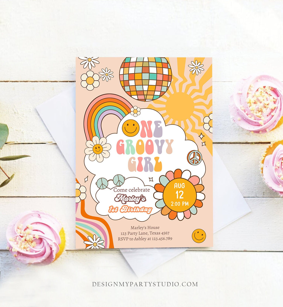 Editable Groovy One Retro 1st Birthday Invitation First Birthday One Groovy Girl Invite Peace Love Download Template Corjl Digital 0459