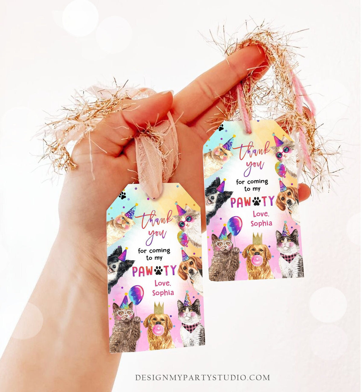 Editable Cats and Dogs Favor tags Cat Birthday Thank you tag Girl Puppy Birthday Cat Party Animals Dog Pawty Digital Template Printable 0460