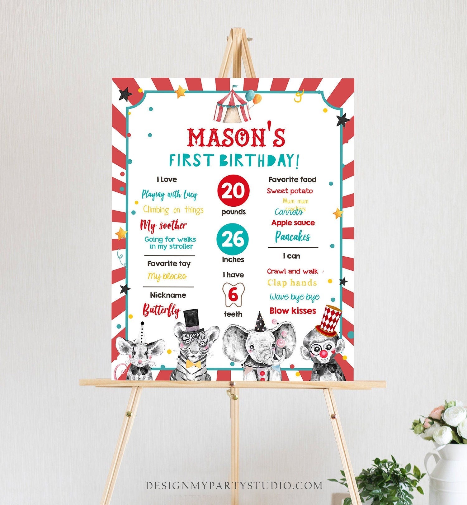 Editable Circus Animals Birthday Milestones Sign Party Animals Carnival First Birthday 1st Birthday Digital Download Template Printable 0355