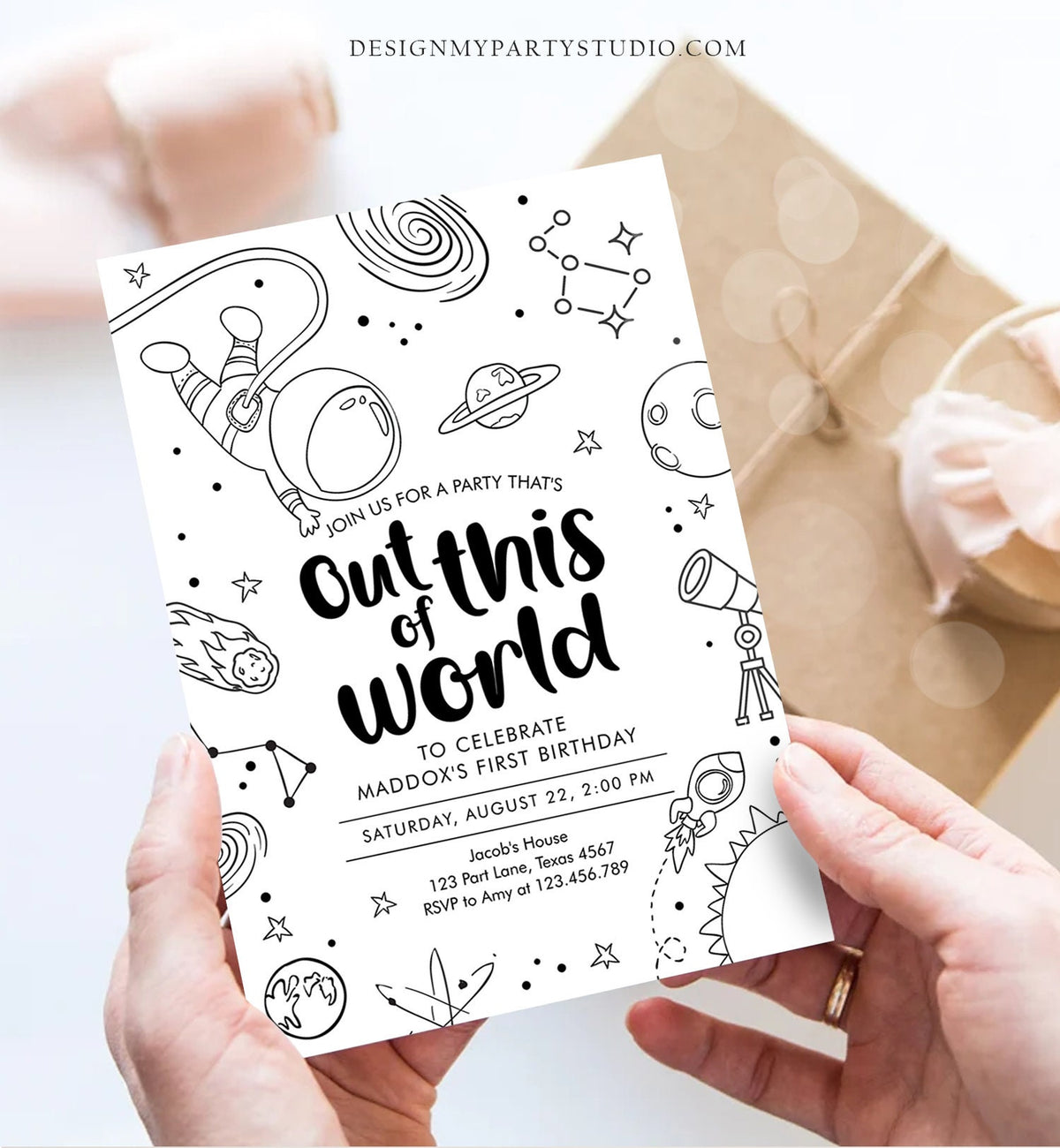 Editable Outer Space First Birthday Invitation Galaxy Out of This World Trip Around the Sun Digital Download Evite Template Printable 0467