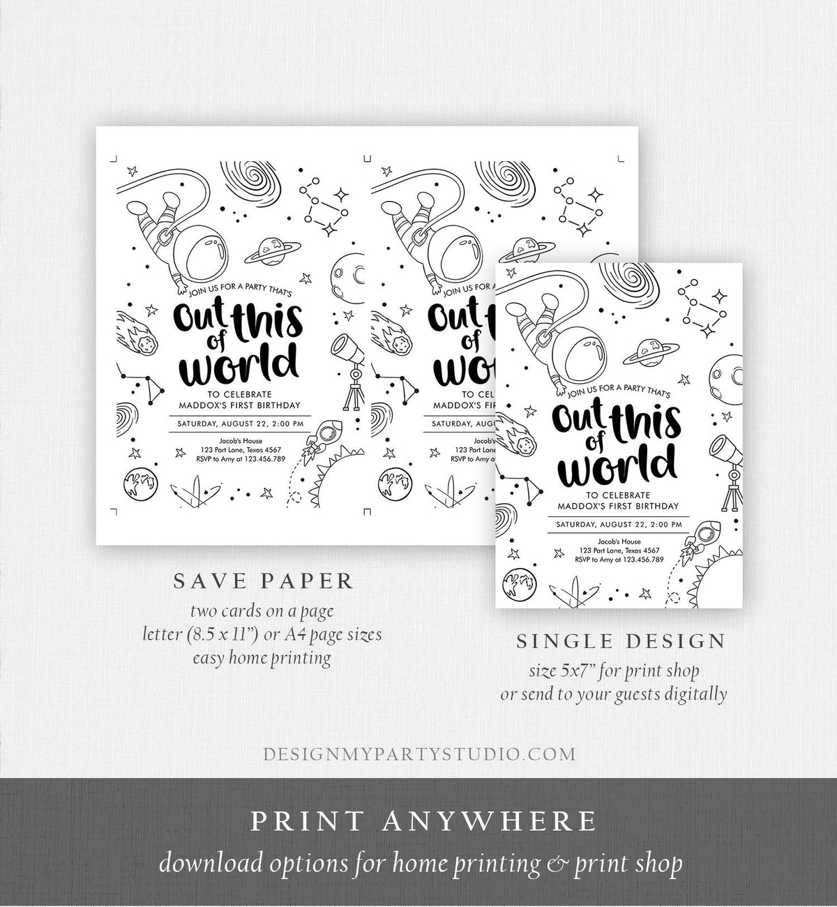 Editable Outer Space First Birthday Invitation Galaxy Out of This World Trip Around the Sun Digital Download Evite Template Printable 0467