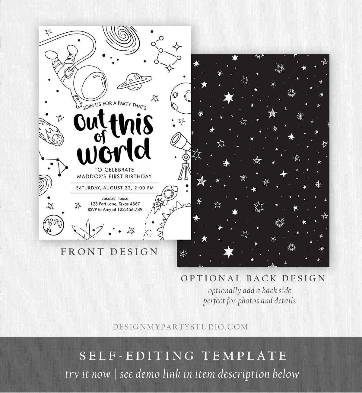 Editable Outer Space First Birthday Invitation Galaxy Out of This World Trip Around the Sun Digital Download Evite Template Printable 0467