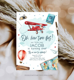 Editable Airplane Birthday Invitation Oh My Time Flies Red Airplane First Birthday Travel 1st Instant Download Printable Corjl Template 0468