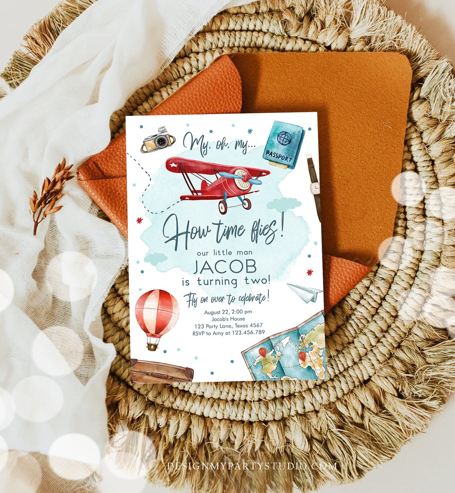 Editable Airplane Birthday Invitation Oh My Time Flies Red Airplane Invitation Travel 1st Instant Download Printable Corjl Template 0468