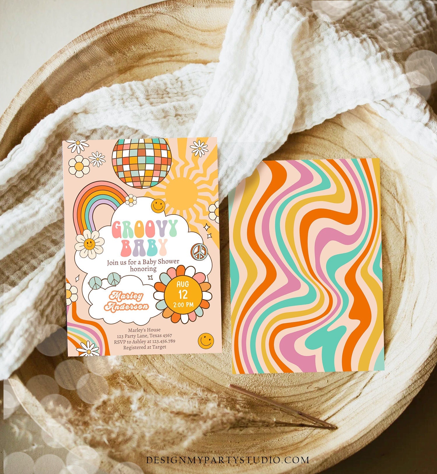 Editable Groovy Baby Shower Invitation Boho Daisy Rainbow Flower Power 70's Hippie Bohemian Download Printable Template Corjl Digital 0459