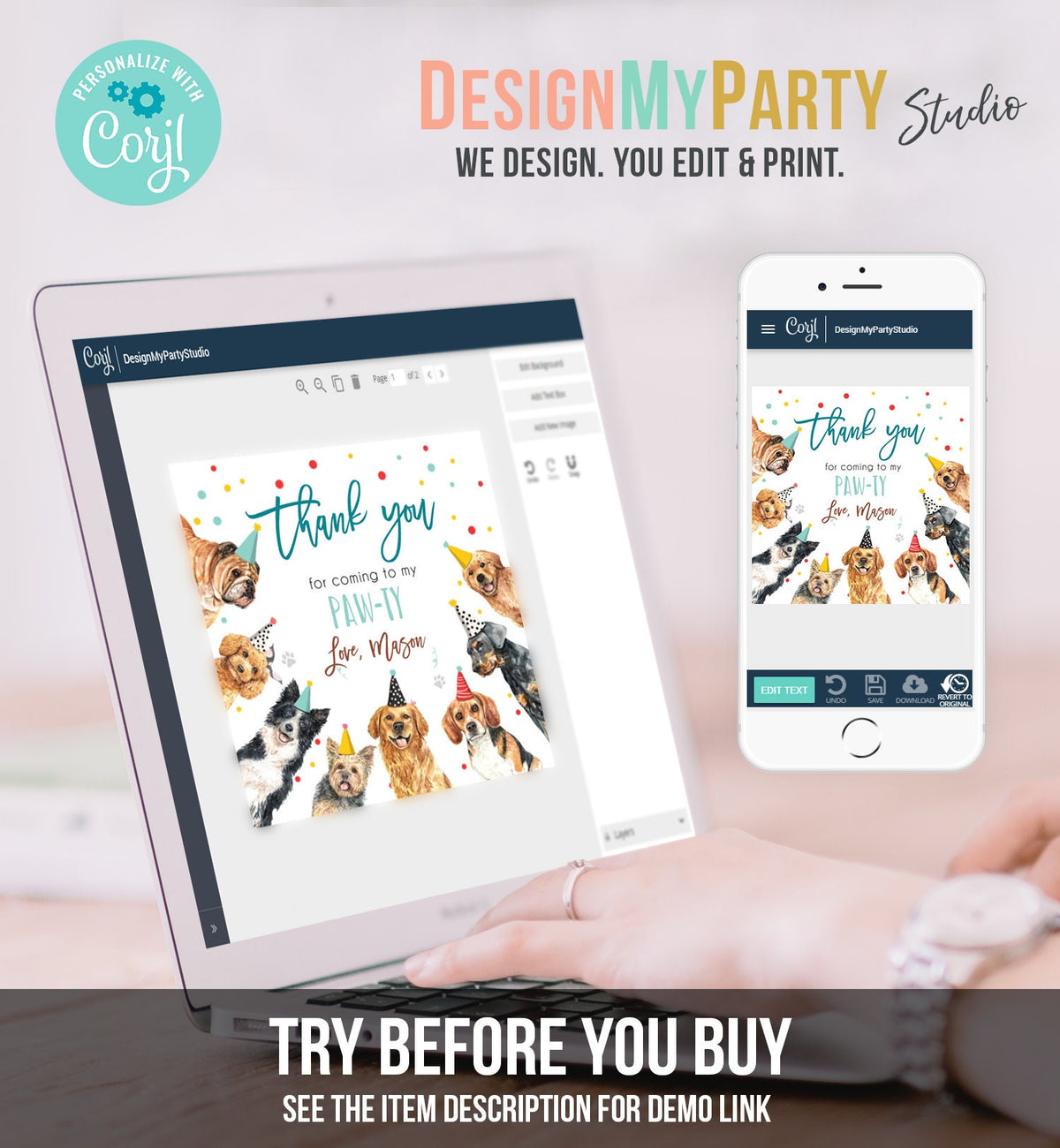 Editable Dogs Favor Tag Puppy Birthday Thank You Tags Boy Blue Paw-Ty Come Sit Stay Pup Dog Pet Vet Animal Digital Template Printable 0384