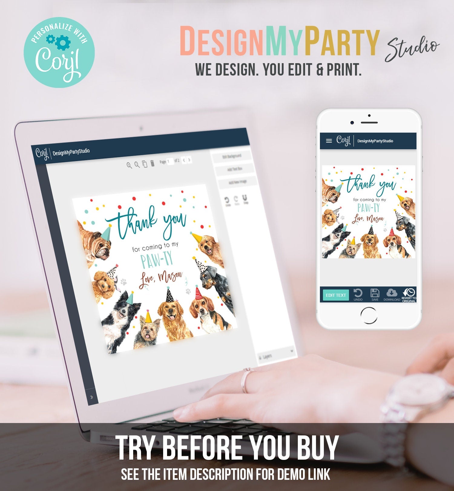 Editable Dogs Favor Tag Puppy Birthday Thank You Tags Boy Blue Paw-Ty Come Sit Stay Pup Dog Pet Vet Animal Digital Template Printable 0384