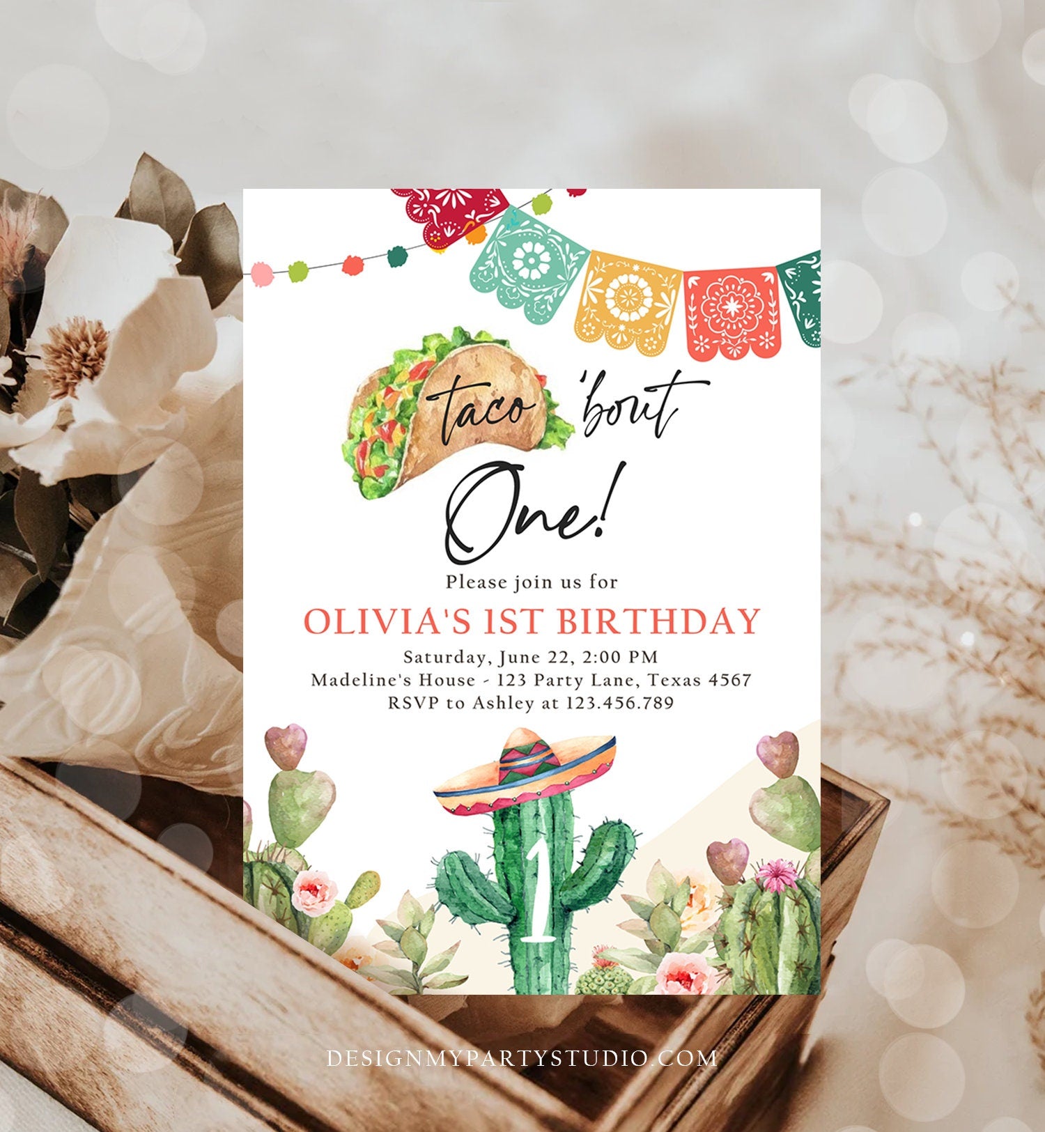 Editable Fiesta Invitation First Fiesta Birthday Mexican Cactus Taco Bout One Girl Watercolor Digital Download Evite Template Printable 0404
