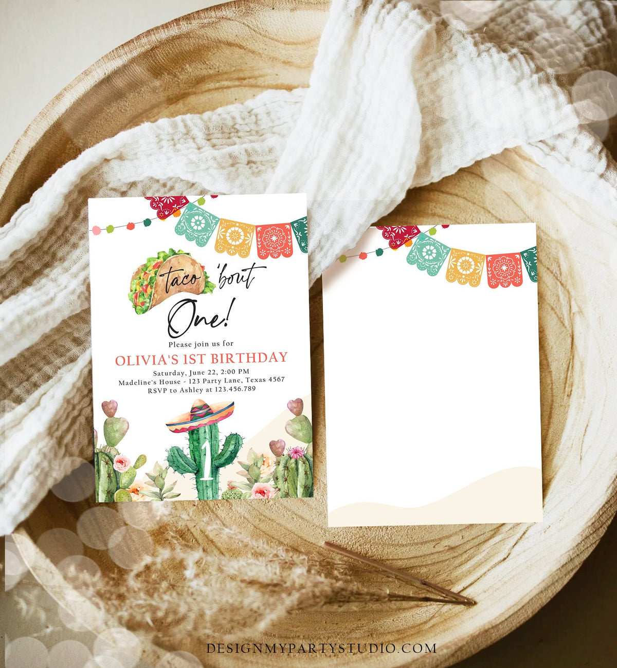Editable Fiesta Invitation First Fiesta Birthday Mexican Cactus Taco Bout One Girl Watercolor Digital Download Evite Template Printable 0404