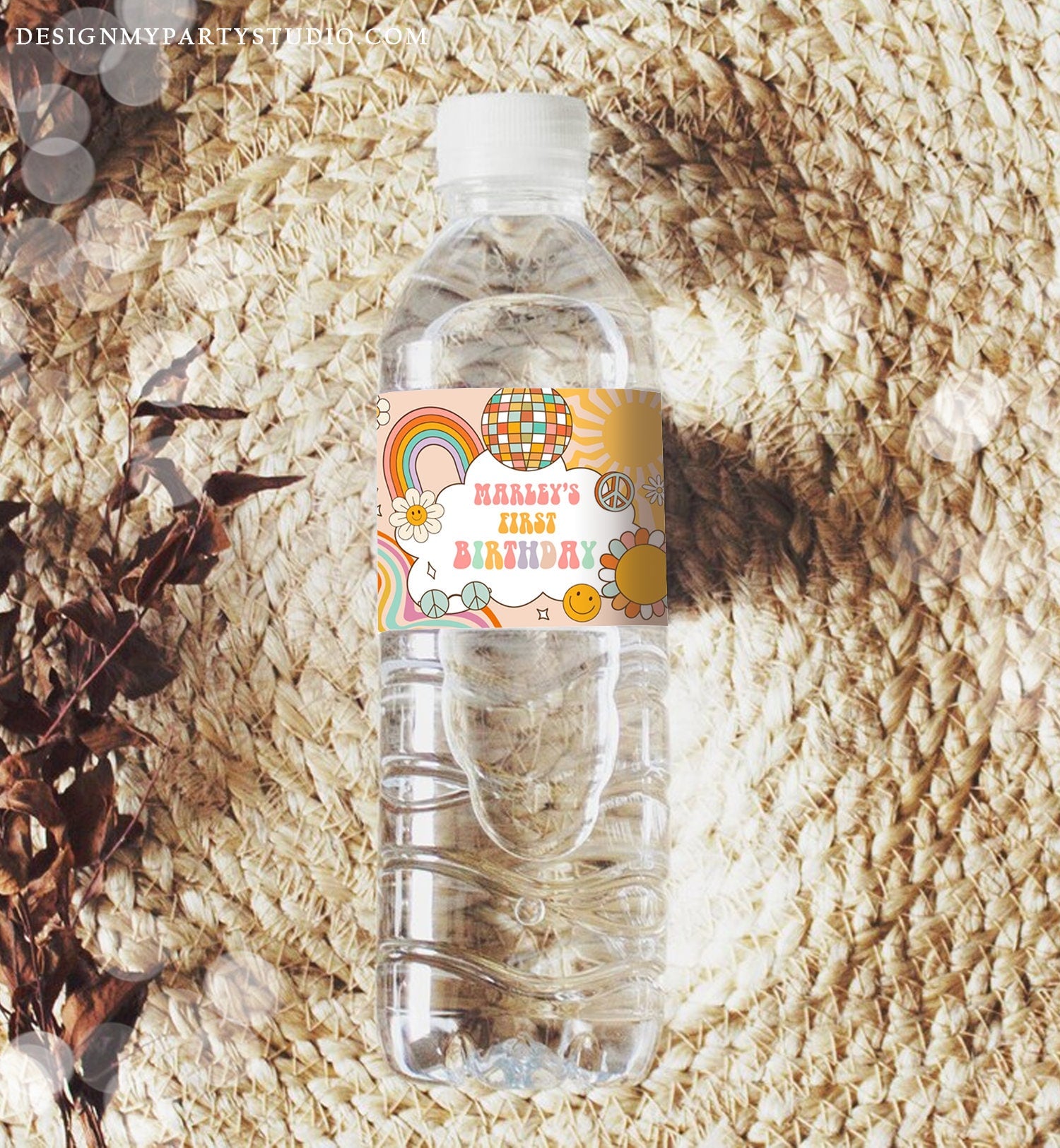 Editable Groovy Birthday Water Bottle Label Birthday Groovy Water Bottle Retro Flower Power Girl Printable Bottle Wrap Template Corjl 0459