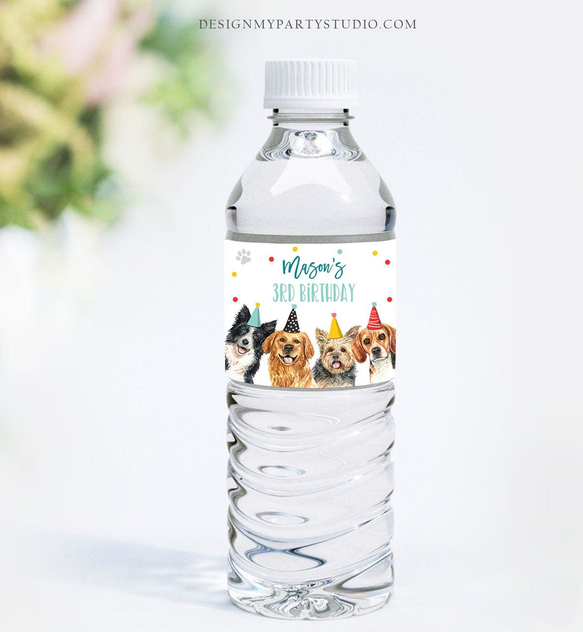 Editable Dog Water Bottle Labels Dog Birthday Puppy Party Doggy Pet Vet Pawty Birthday Decor Boy Printable Bottle Wrap Template Corjl 0384
