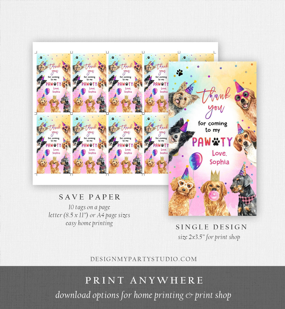 Editable Dogs Favor Tag Dog Birthday Thank You Tags Girl Puppy Birthday Dog Party Animals Dog Pawty Template PRINTABLE Corjl 0460