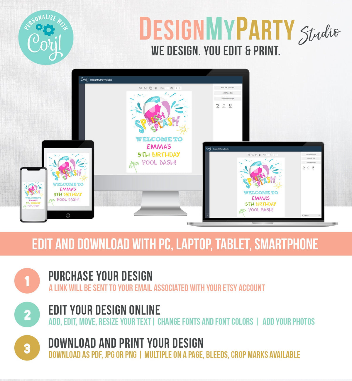 Editable Pool Party Welcome Sign Pool Party Birthday Beach Ball Pool Bash Girl Welcome Splish Splash Printable Welcome Template Corjl 0169