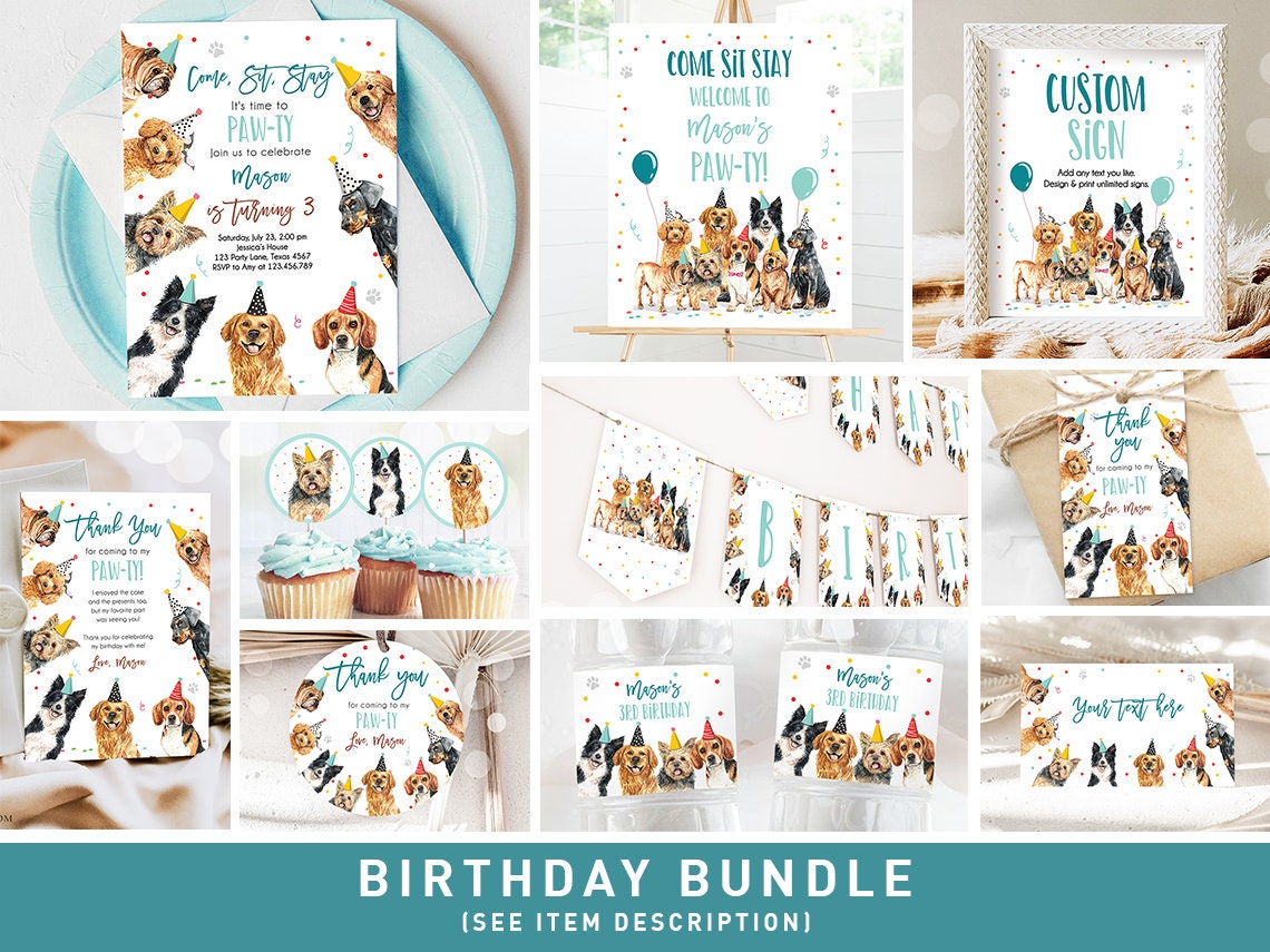Dog Birthday Invitation Bundle Dogs Puppy Party Invite Birthday Come Sit Stay Boy 1st Birthday Digital Download Template Printable 0384