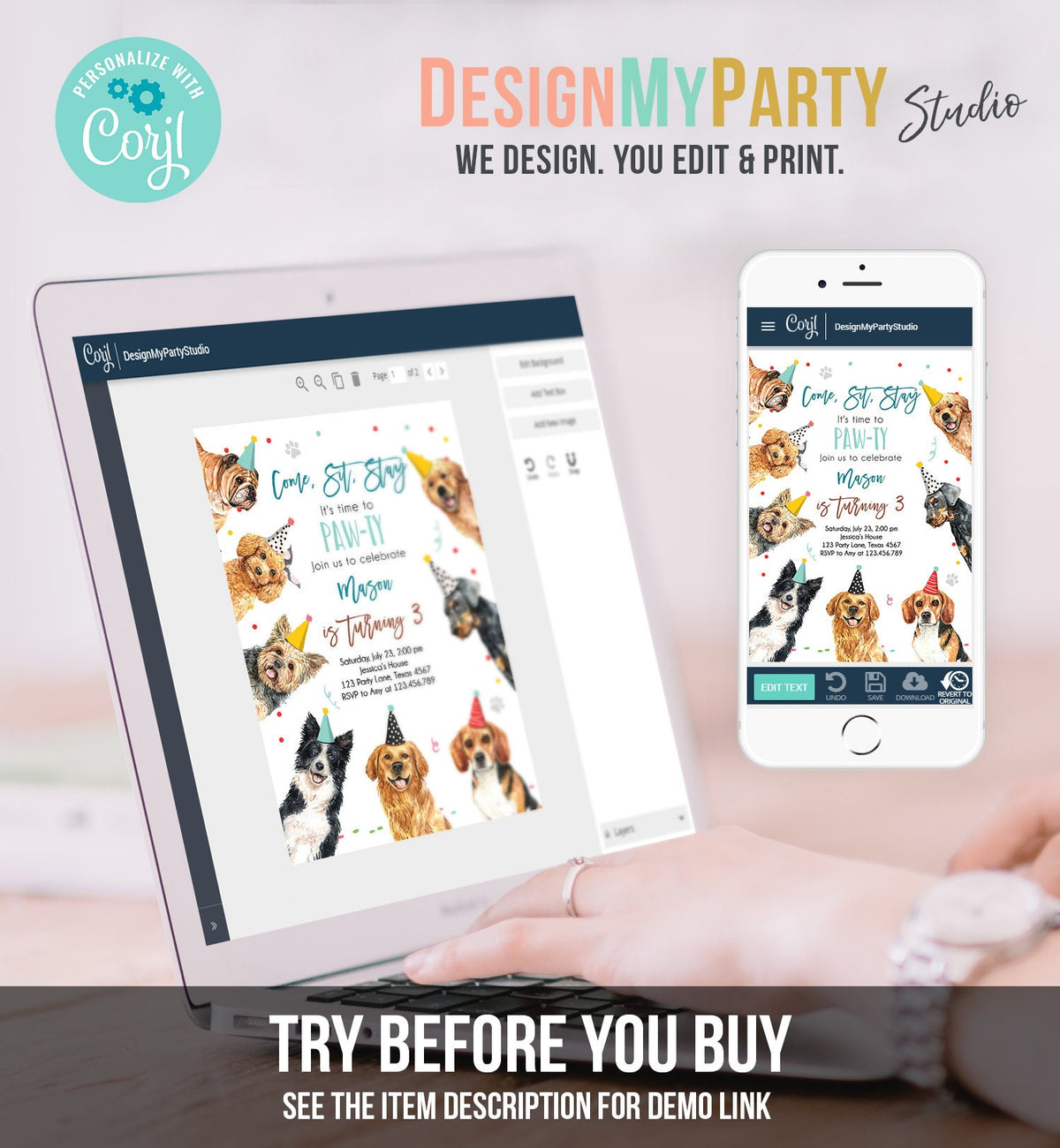 Dog Birthday Invitation Bundle Dogs Puppy Party Invite Birthday Come Sit Stay Boy 1st Birthday Digital Download Template Printable 0384