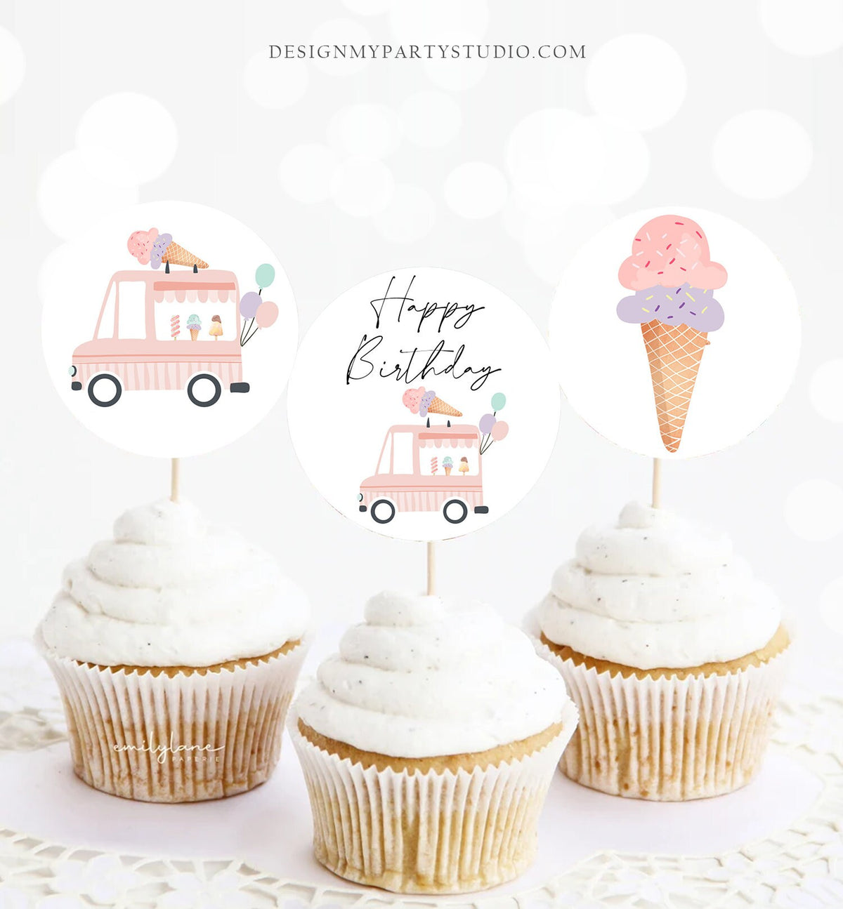 Ice Cream Truck Cupcake Toppers Favor Tags Ice Cream Birthday Party Decoration Pink Mint Girl Summer Scoop Download Digital PRINTABLE 0415