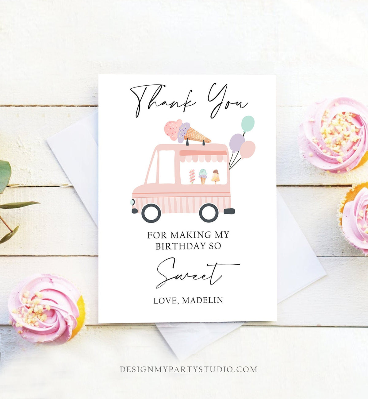 Editable Ice Cream Truck Thank You Card Ice Cream Birthday Thank You Note Girl Birthday Summer Digital Download Template Printable 0415