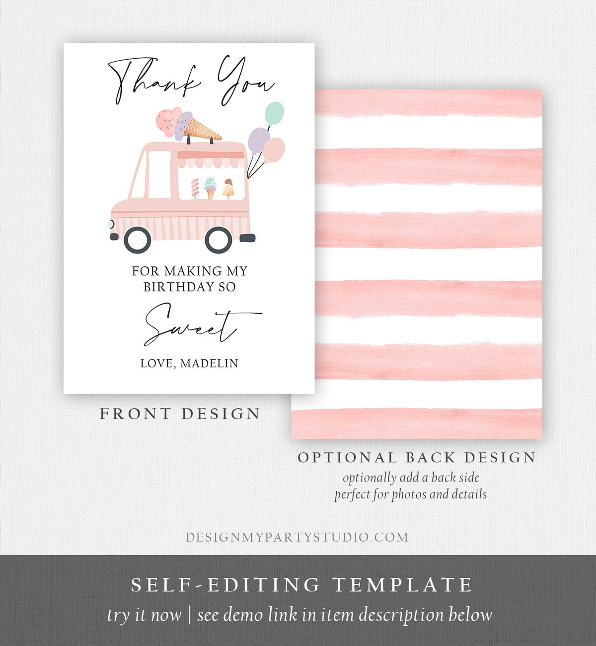 Editable Ice Cream Truck Thank You Card Ice Cream Birthday Thank You Note Girl Birthday Summer Digital Download Template Printable 0415