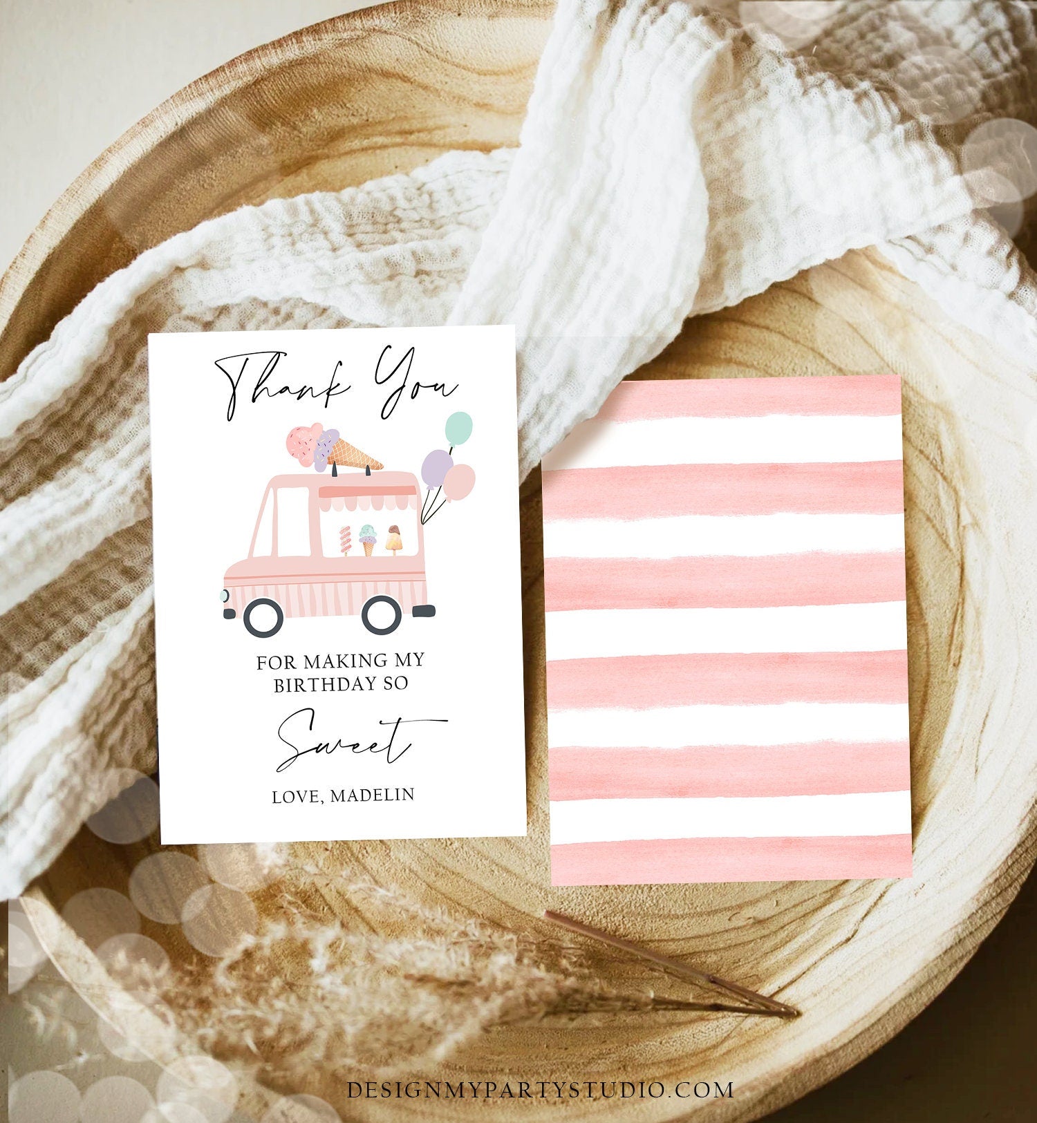 Editable Ice Cream Truck Thank You Card Ice Cream Birthday Thank You Note Girl Birthday Summer Digital Download Template Printable 0415