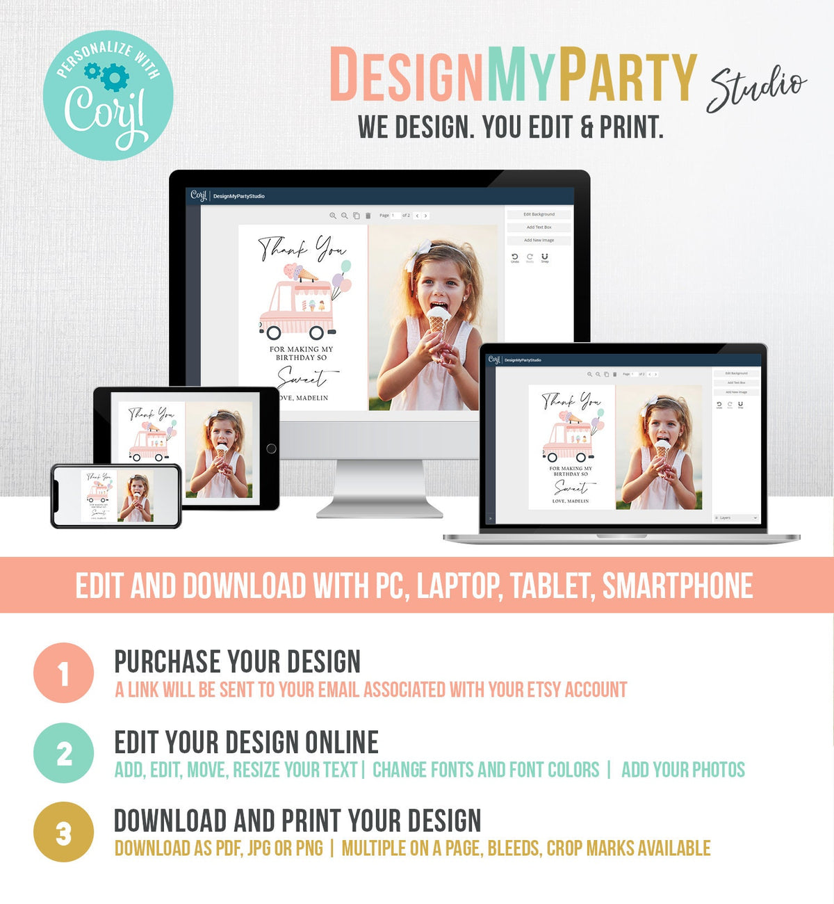 Editable Ice Cream Truck Thank You Card Ice Cream Birthday Thank you Note Girl Birthday Summer Download Printable Template Corjl 0415