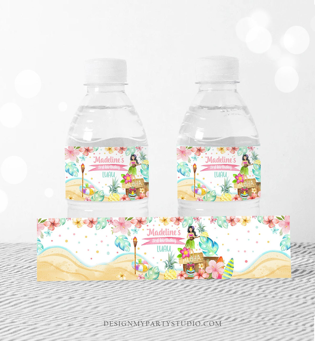Editable Luau Water Bottle Labels Luau Birthday Luau Party Aloha Hawaiian Birthday Decor Pink Printable Bottle Labels Template Corjl 0413