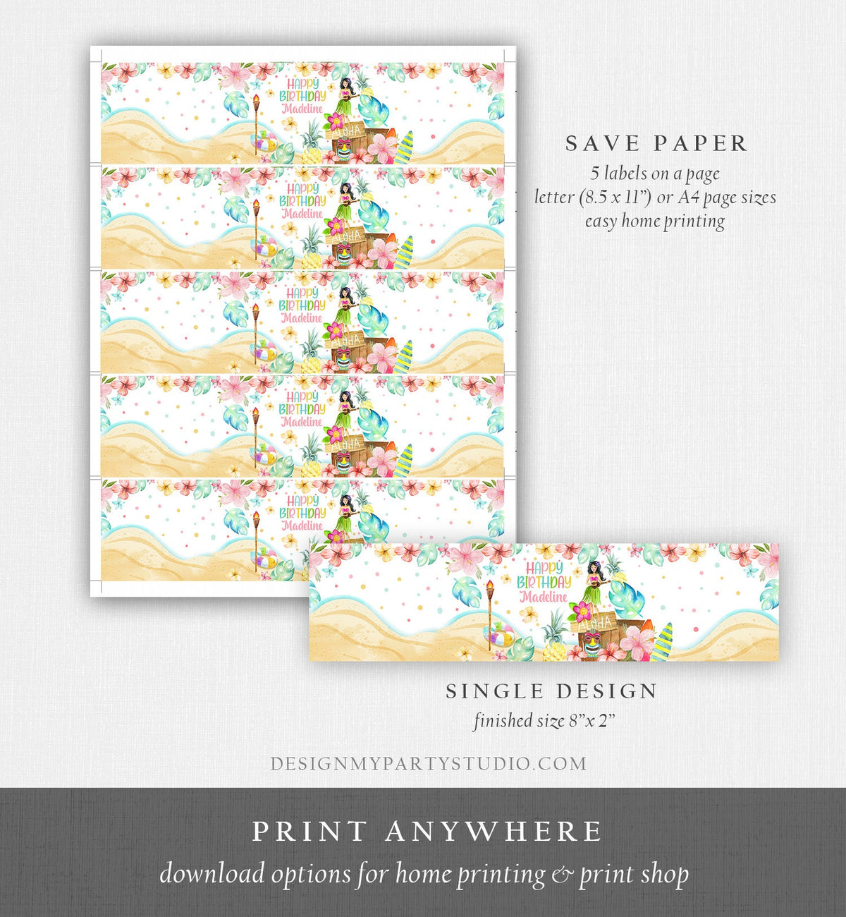 Editable Luau Water Bottle Labels Luau Birthday Tropical Party Aloha Hawaiian Birthday Decor Printable Bottle Labels Template Printable 0413