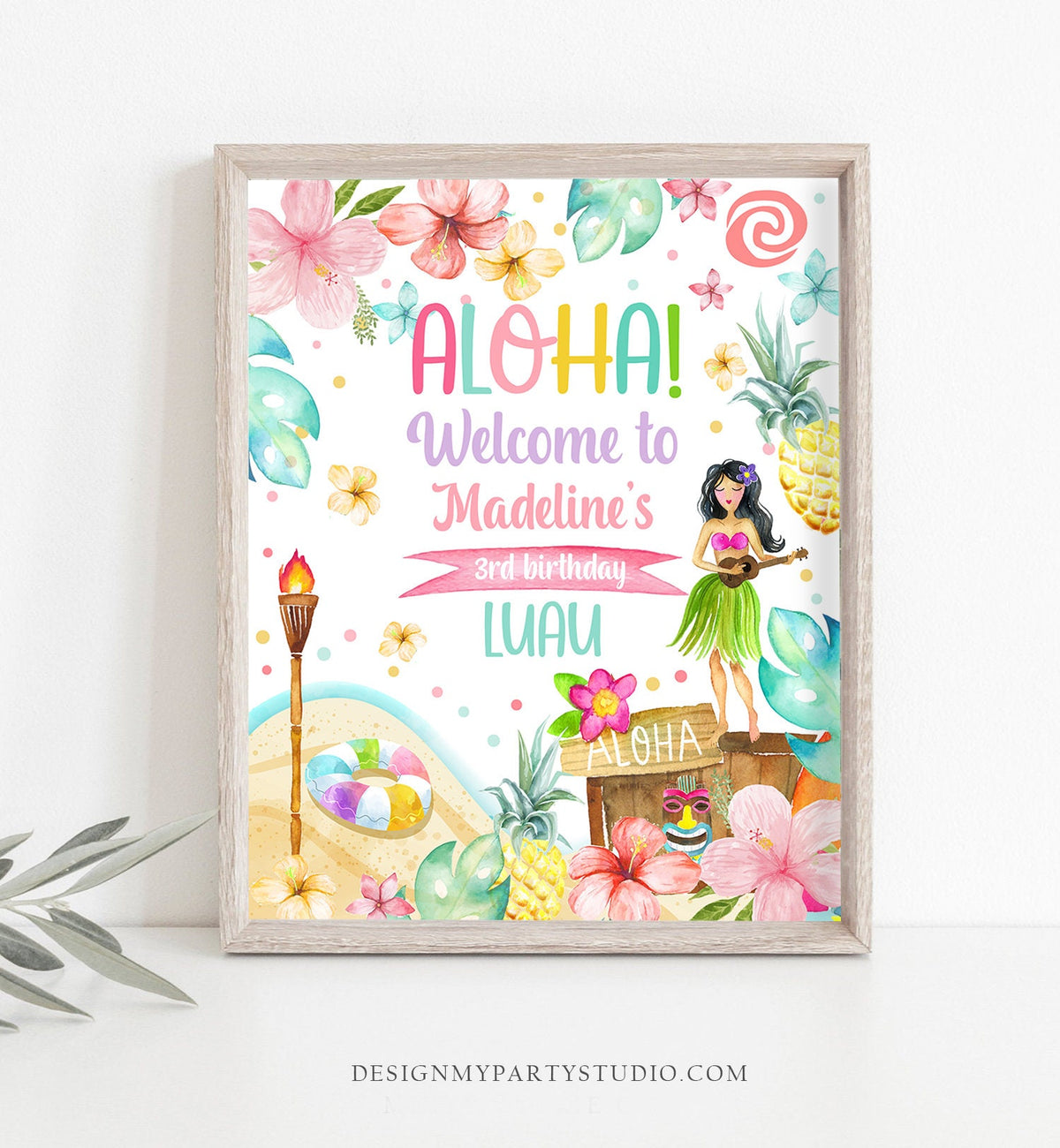 Editable Luau Birthday Welcome Sign Tropical Hawaiian Luau Birthday Sign Girl Pink Aloha Party Poster Digital Template Printable 0413