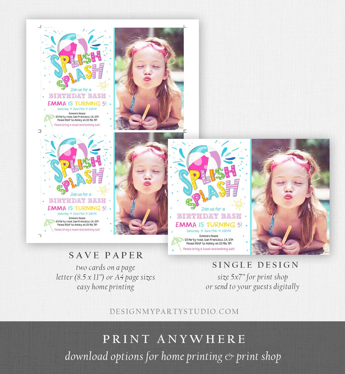 Editable Splish Splash Birthday Invitation Pool Party Beach Ball Pink Girl Birthday Bash Download Printable Invite Template Corjl 0169