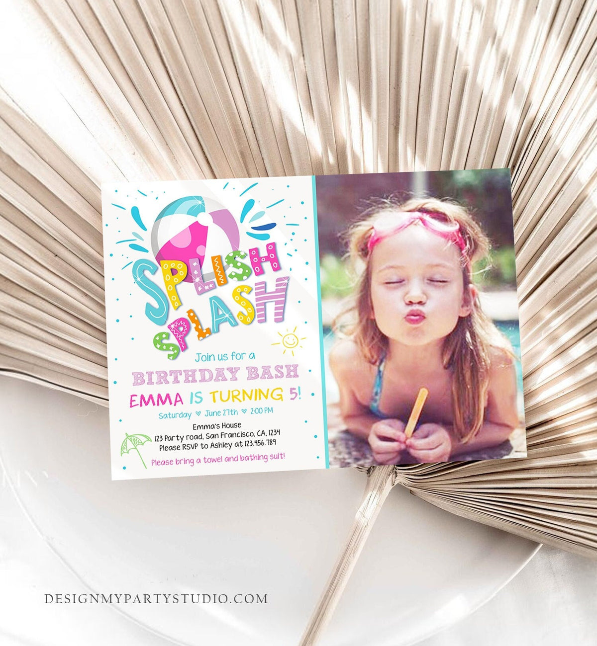 Editable Splish Splash Birthday Invitation Pool Party Beach Ball Pink Girl Birthday Bash Download Printable Invite Template Corjl 0169
