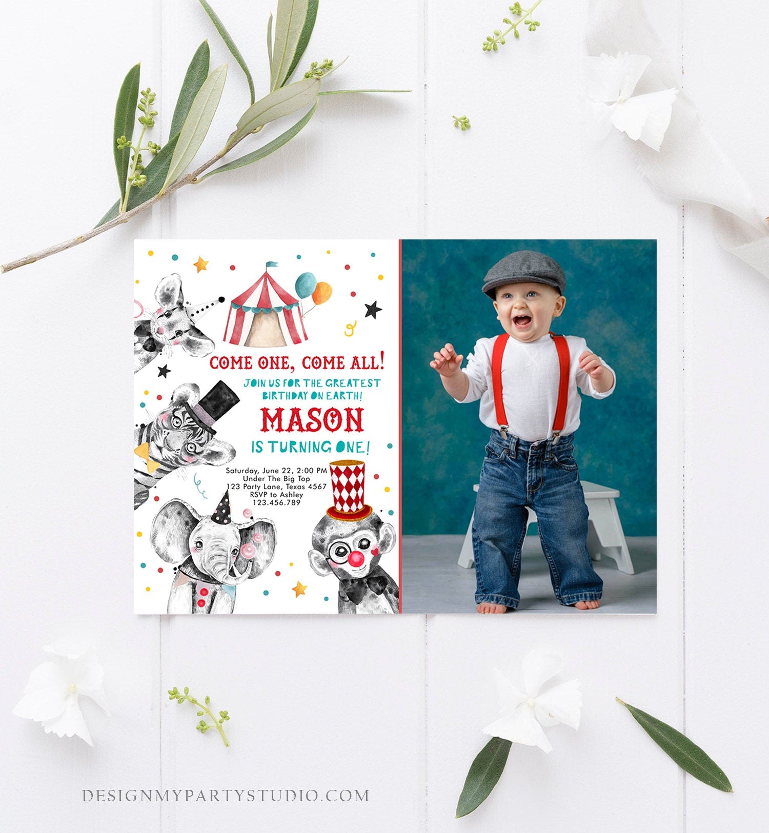 Editable Circus Birthday Invitation Party Animals Circus Carnival Festival Come All Come One Boy Digital Download Template Printable 0355