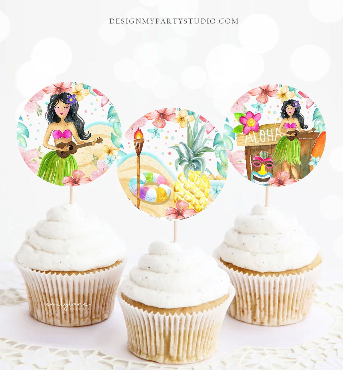 Luau Cupcake Toppers Favor Tags Hawaiian Luau Birthday Party Decoration Tropical Pool Party Girl Pineapple Download Digital PRINTABLE 0413