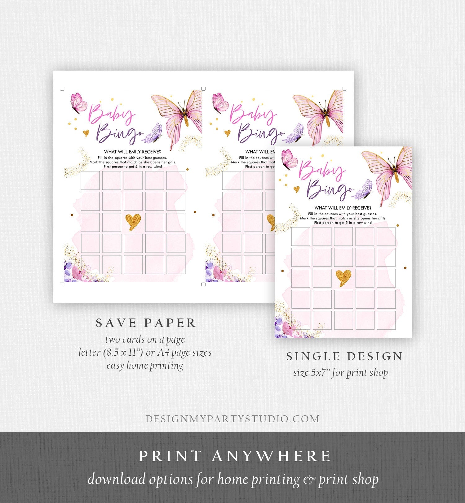 Editable Baby Bingo Baby Shower Game Butterfly Baby Shower Floral Butterflies Lilac Pink Purple Activity Digital Template Printable 0437