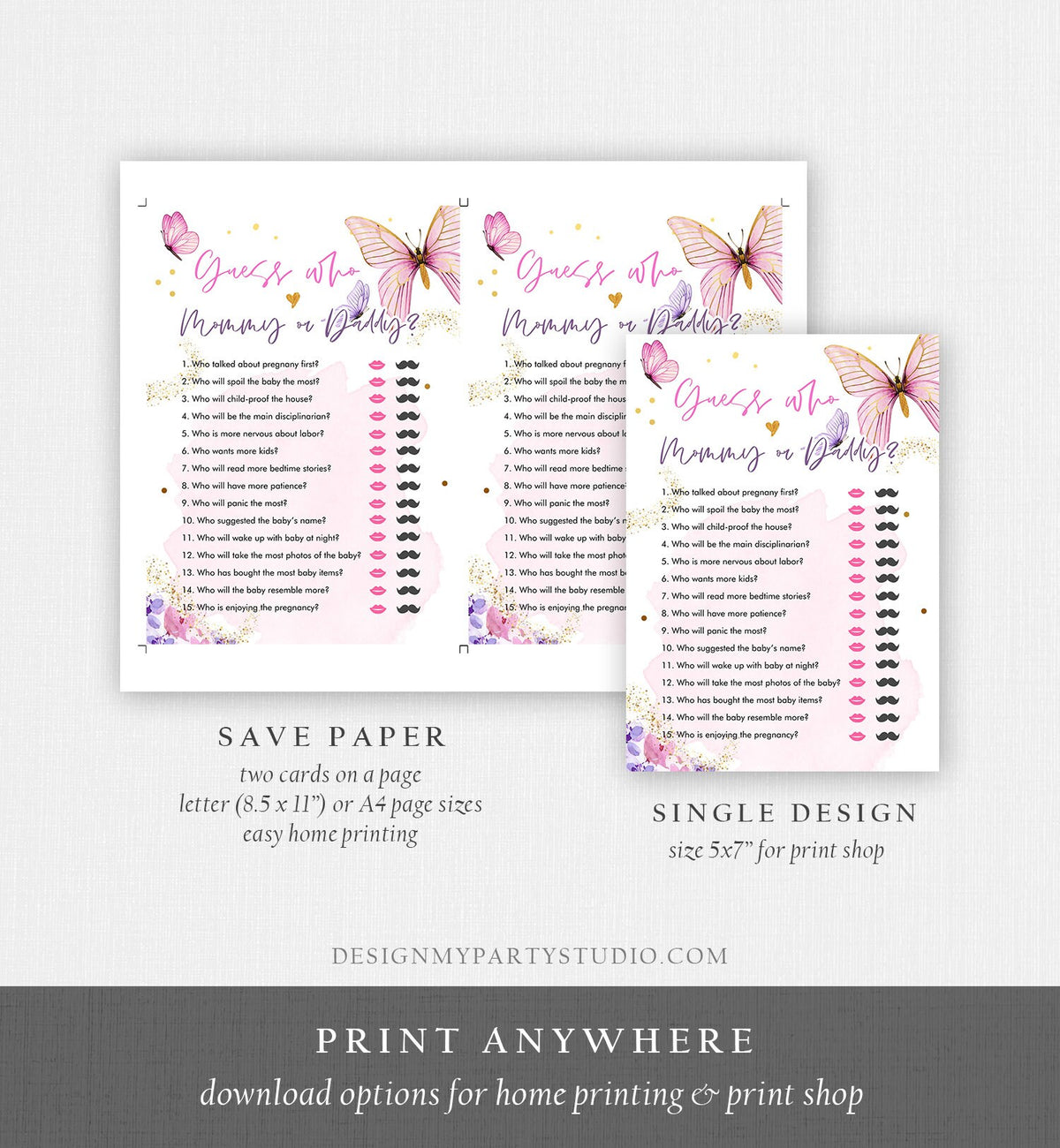 Editable Guess Who Mommy or Daddy Baby Shower Game Butterfly Baby Shower Floral Butterflies Pink Activity Digital Template Printable 0437
