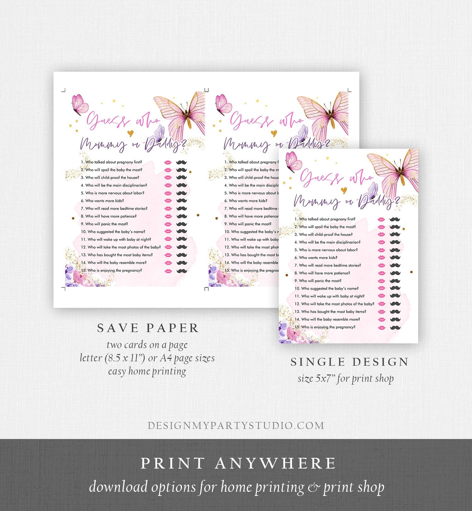 Editable Guess Who Mommy or Daddy Baby Shower Game Butterfly Baby Shower Floral Butterflies Pink Activity Digital Template Printable 0437