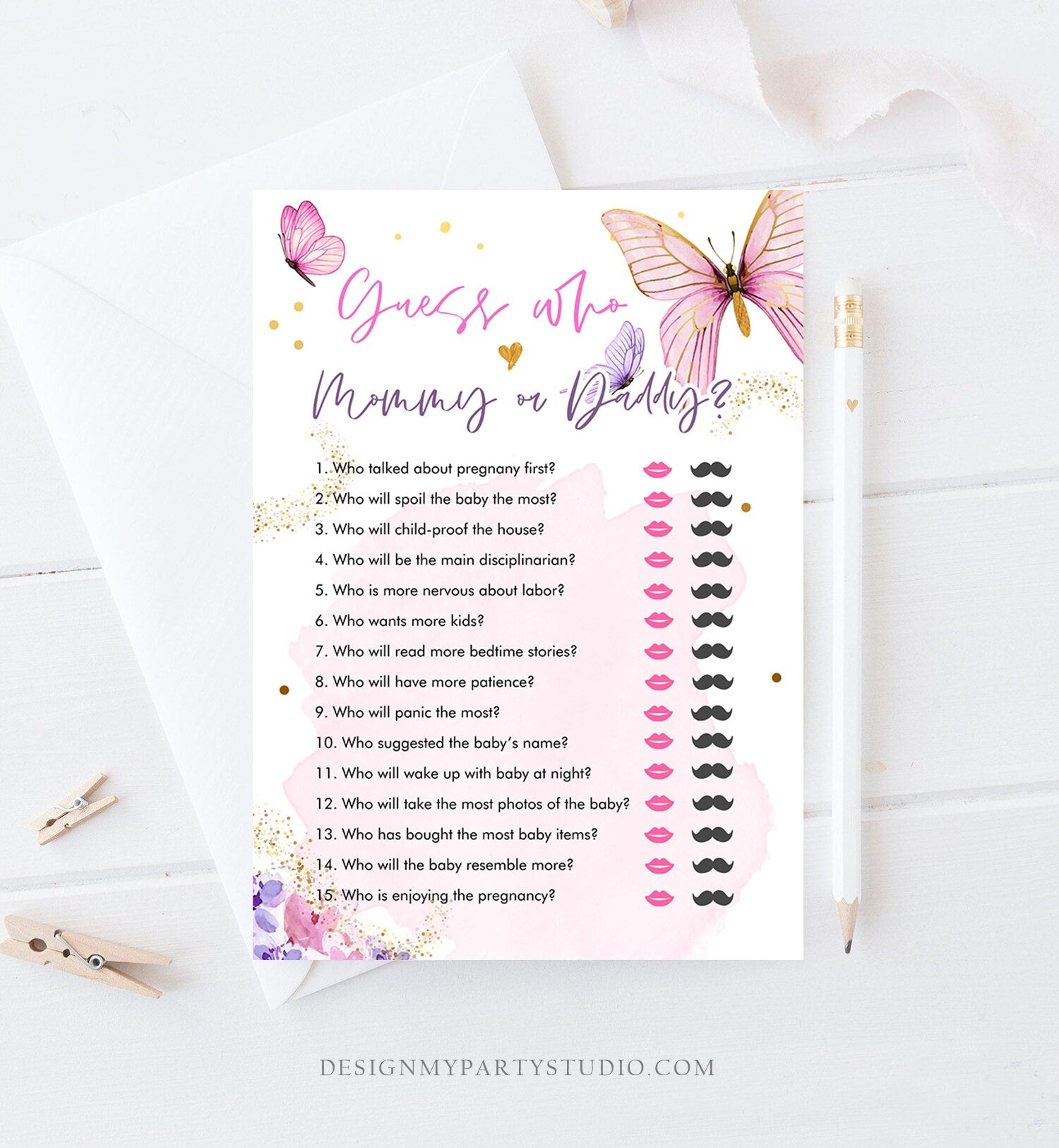 Editable Guess Who Mommy or Daddy Baby Shower Game Butterfly Baby Shower Floral Butterflies Pink Activity Corjl Template Printable 0437